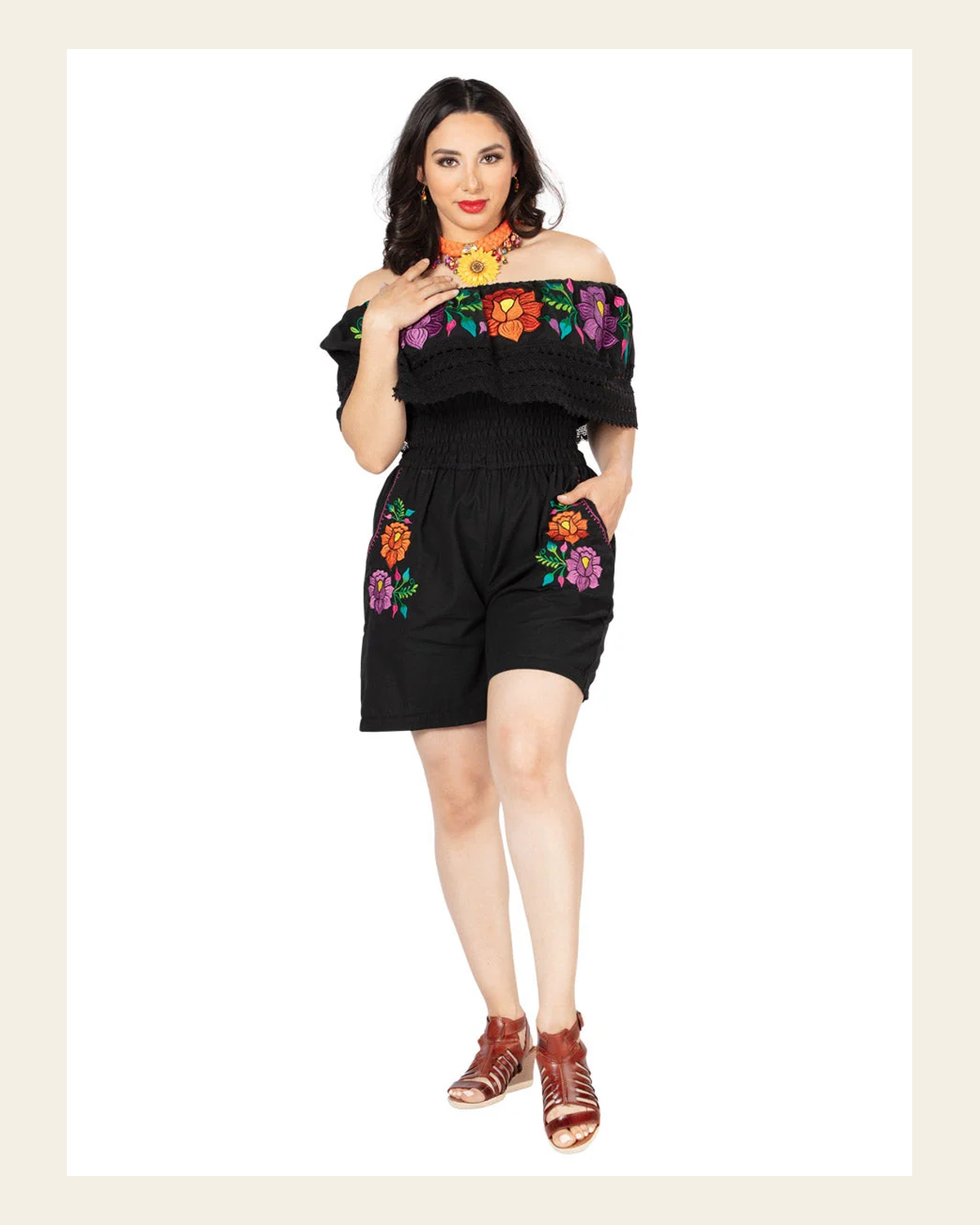 Artisanal Embroidered Romper 100% Cotton Black 603190 on a warm cream background