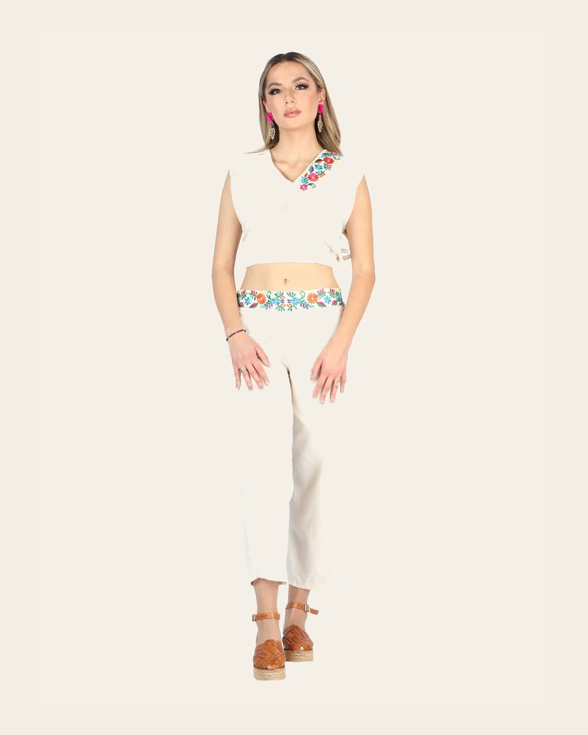 Artisanal Embroidered Set 100% Cotton Beige 604049 on a warm cream background