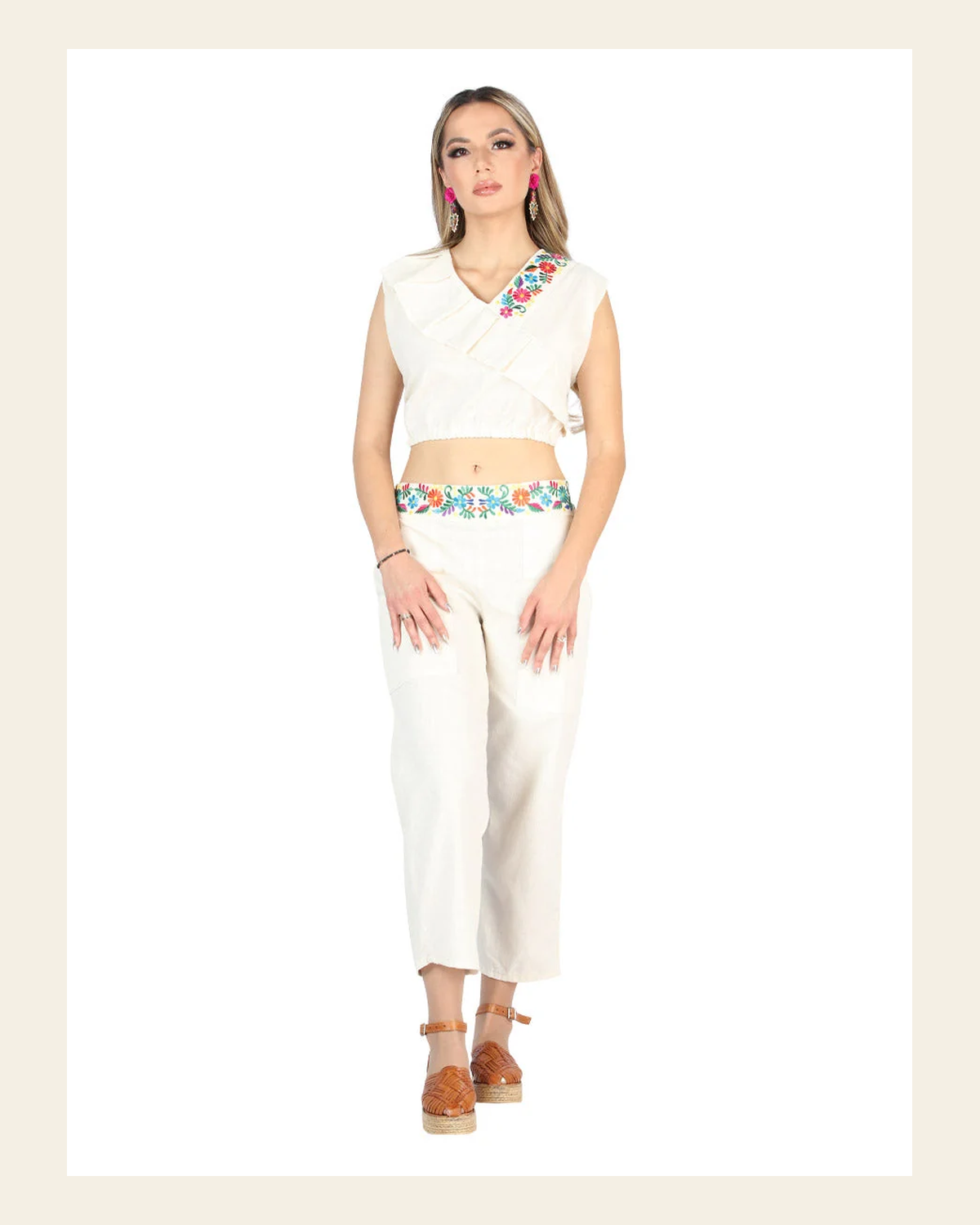 Artisanal Embroidered Set 100% Cotton Beige 604049 on a warm cream background