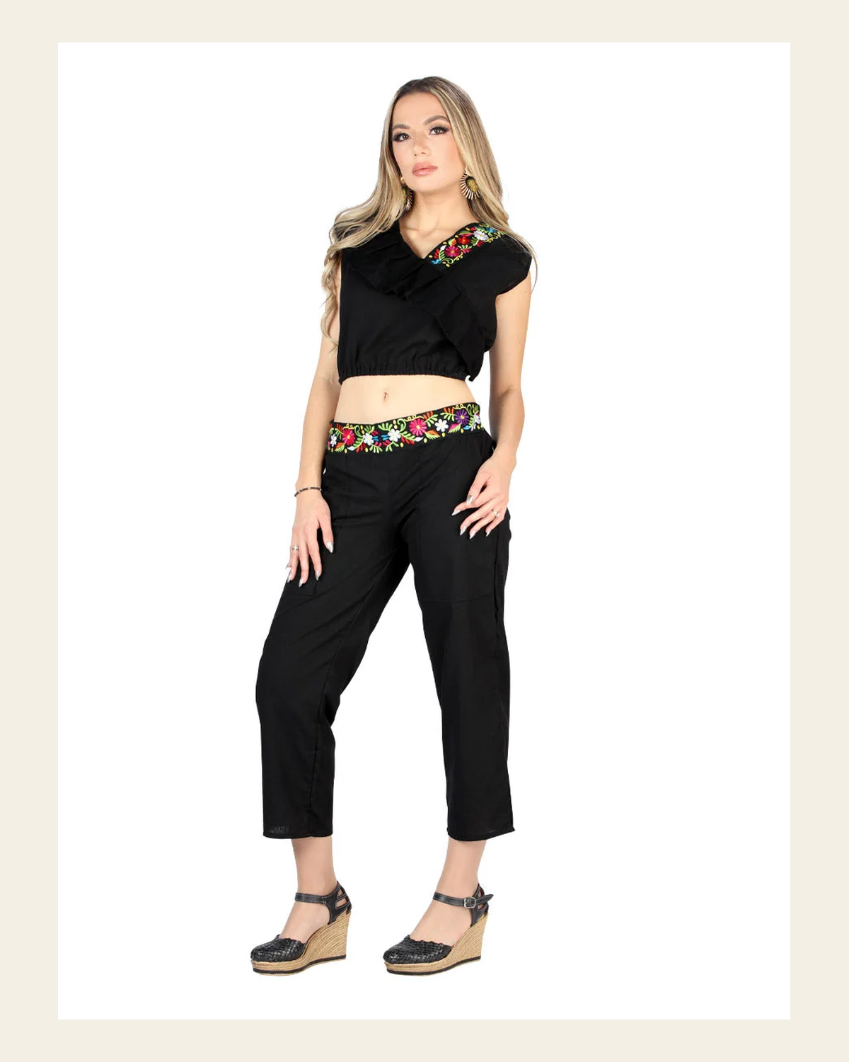 Artisanal Embroidered Set 100% Cotton Black 604048 on a warm cream background