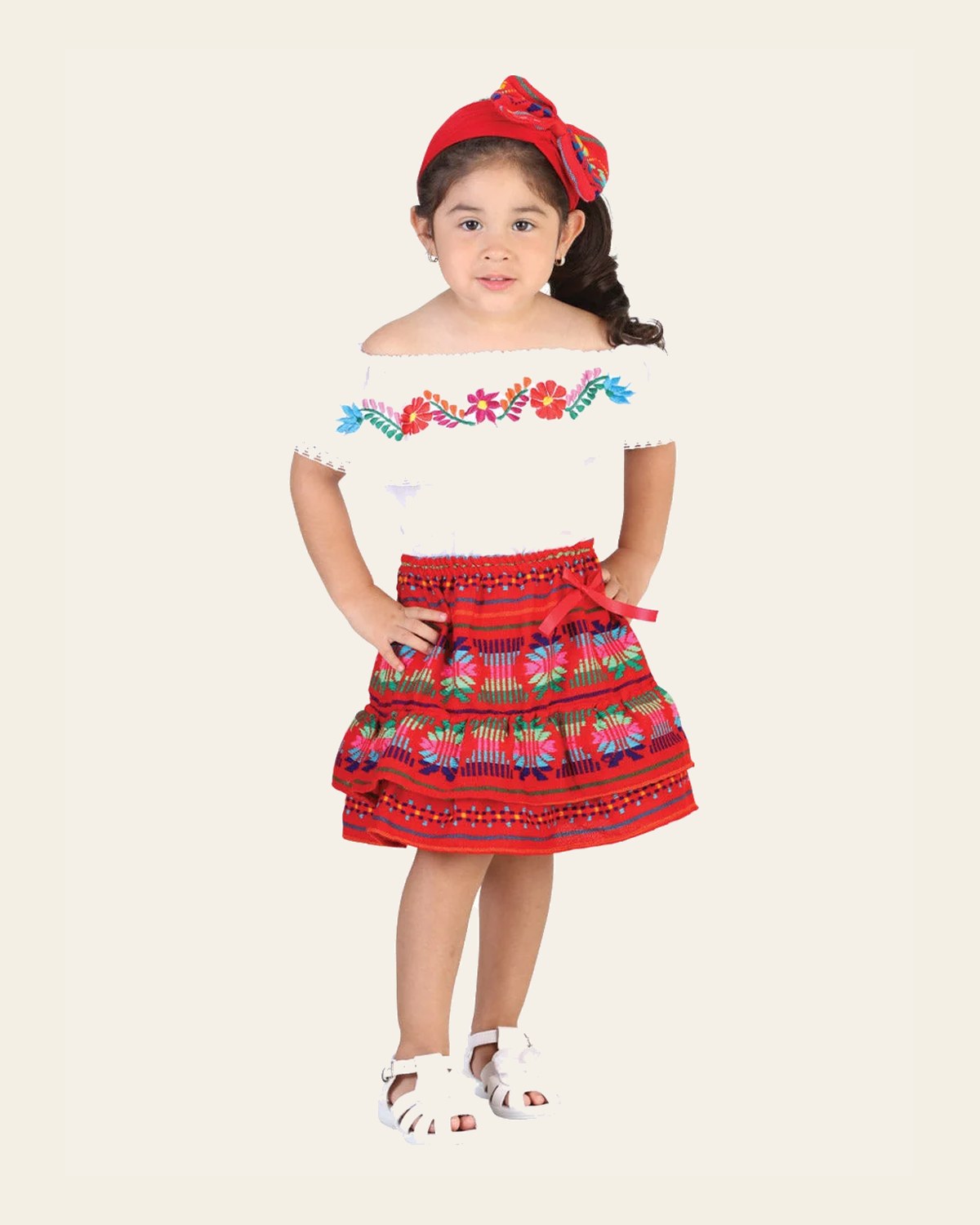 Artisanal Embroidered Set 100% Cotton Red 602100 on a warm cream background