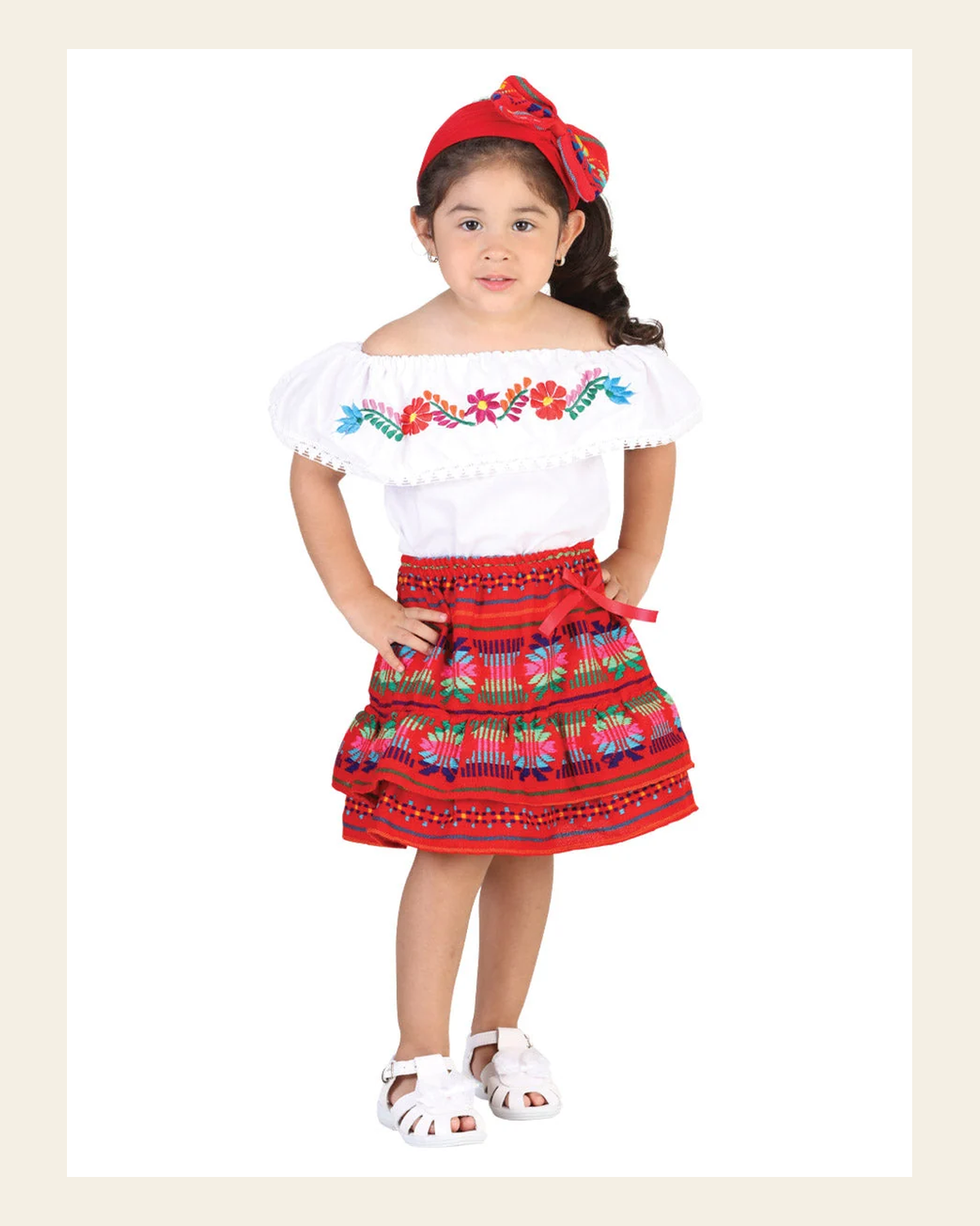 Artisanal Embroidered Set 100% Cotton Red 602100 on a warm cream background