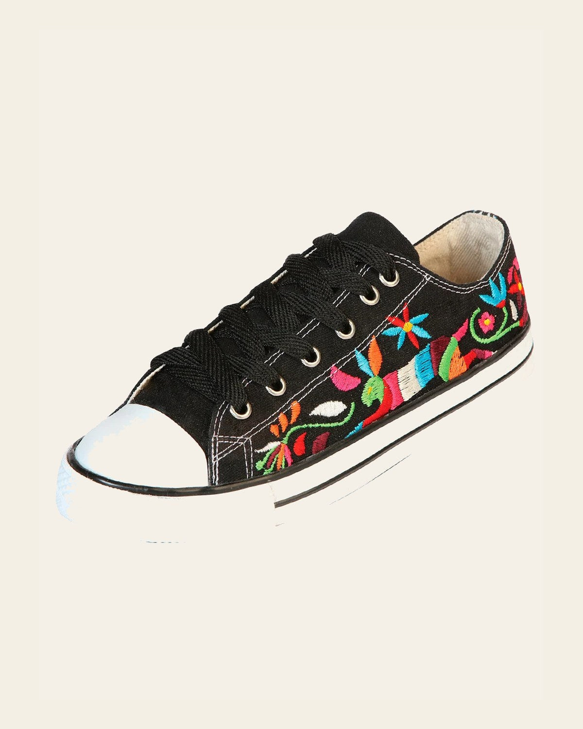 Artisanal Embroidered Sneakers Textile Canvas Black 602783 on a warm cream background