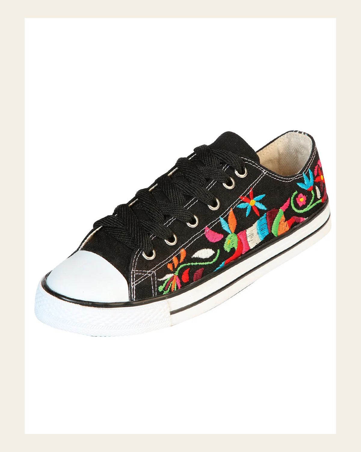 Artisanal Embroidered Sneakers Textile Canvas Black 602783 on a warm cream background