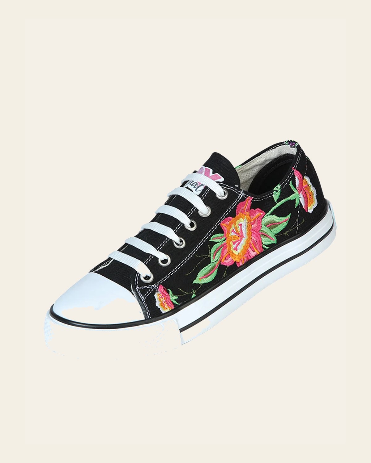 Artisanal Embroidered Sneakers Textile Canvas Black 602784 on a warm cream background