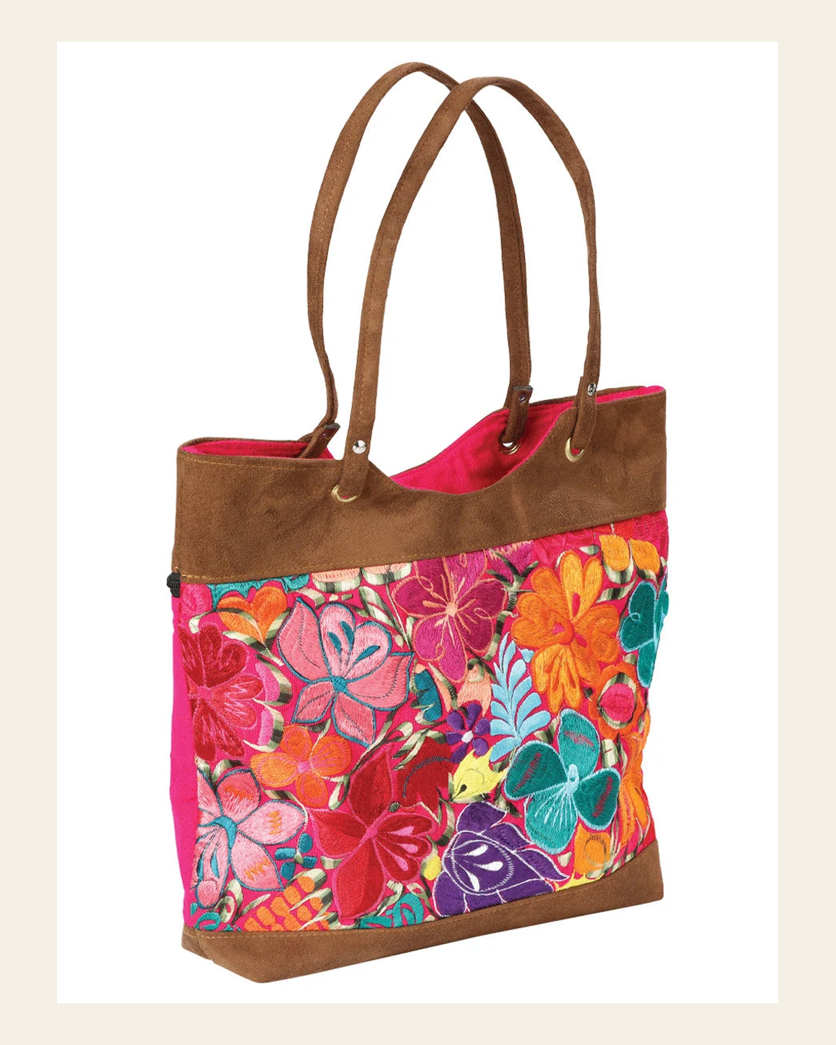Artisanal Embroidered Handbag Suede Multicolor 602922 on a warm cream background
