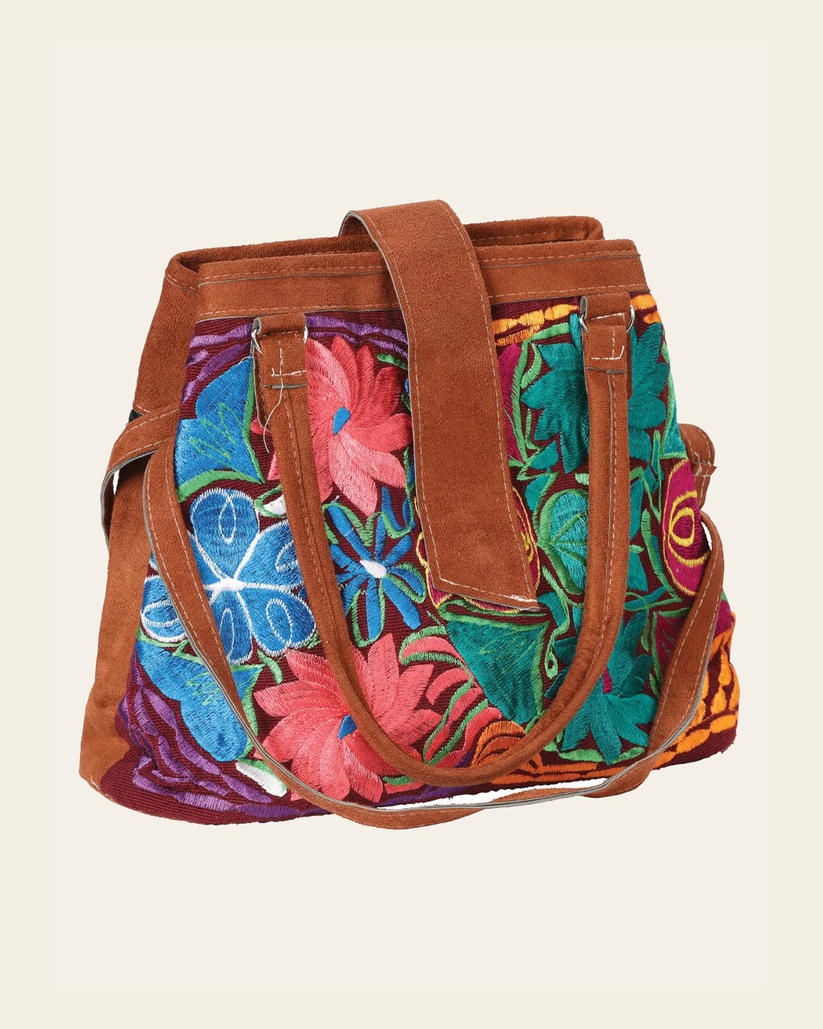 Artisanal Embroidered Handbag Suede Multicolor 602923 on a warm cream background