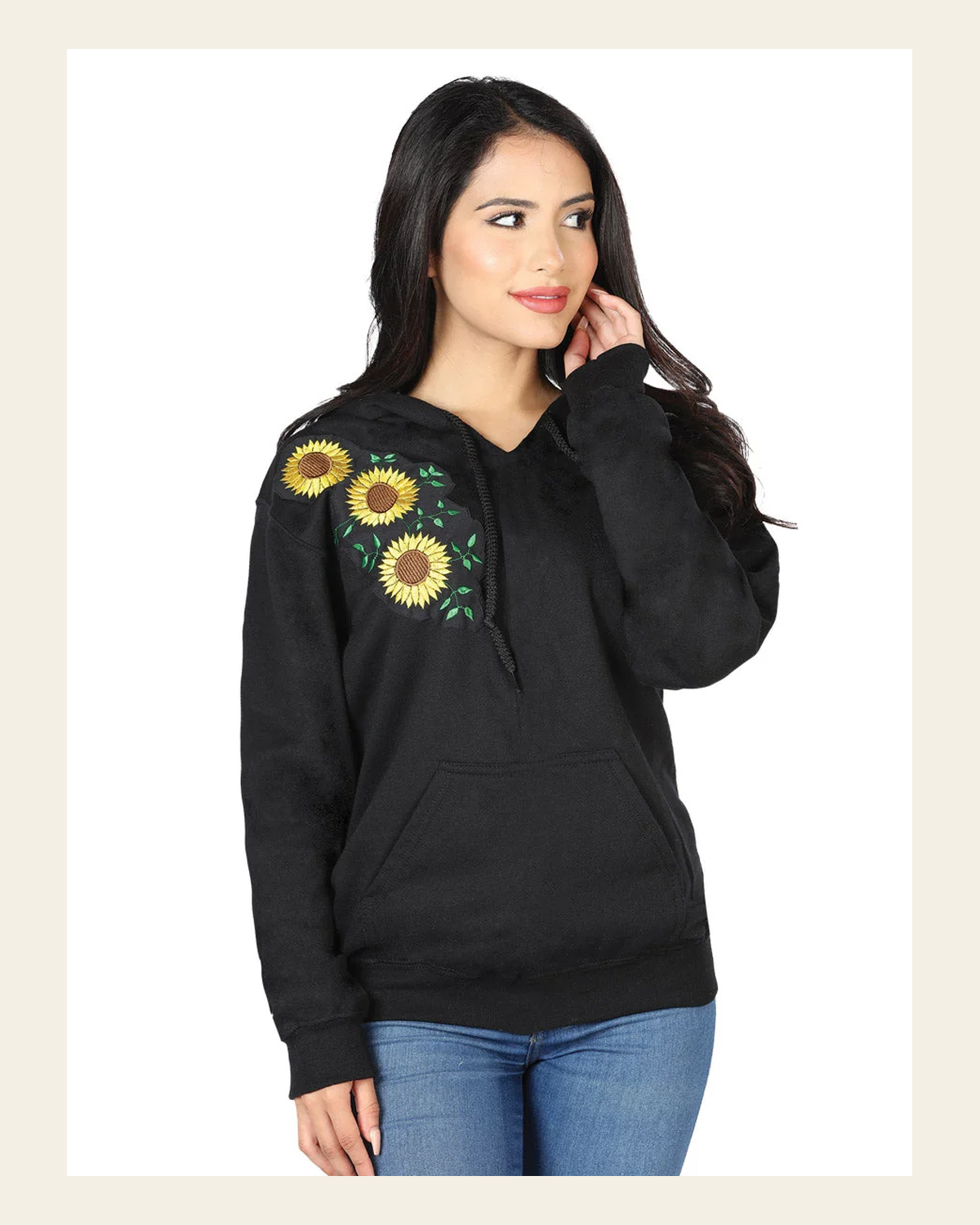 Artisanal Embroidered Sweatshirt 100% Cotton Black 602823 on a warm cream background