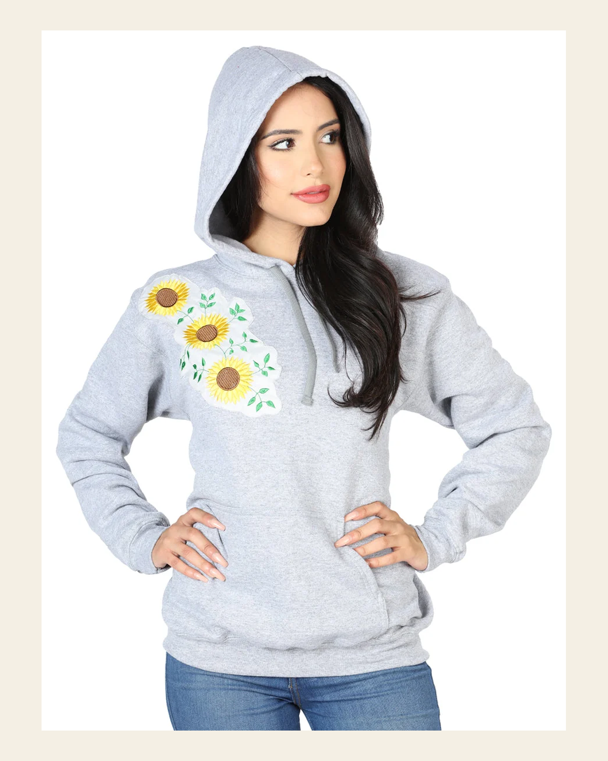 Artisanal Embroidered Sweatshirt 100% Cotton Gray 602825 on a warm cream background