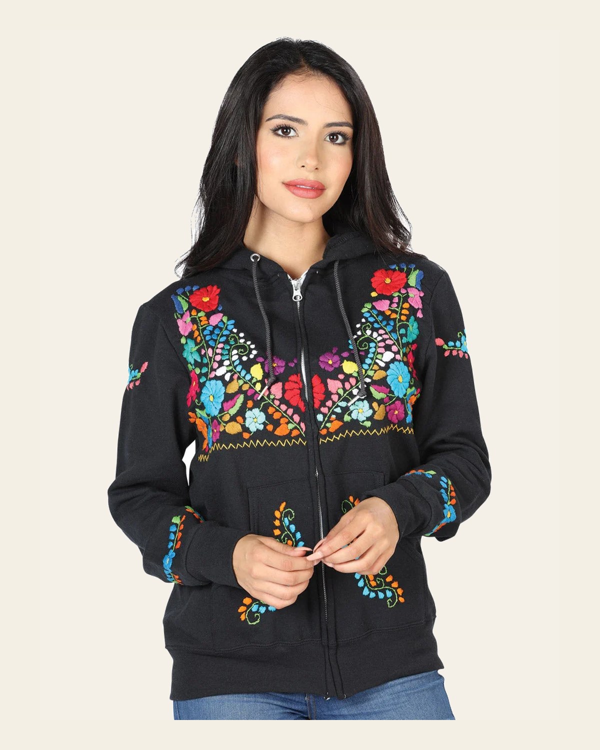Artisanal Embroidered Sweatshirt 50% Cotton, 50% Polyester Black 603511 on a warm cream background
