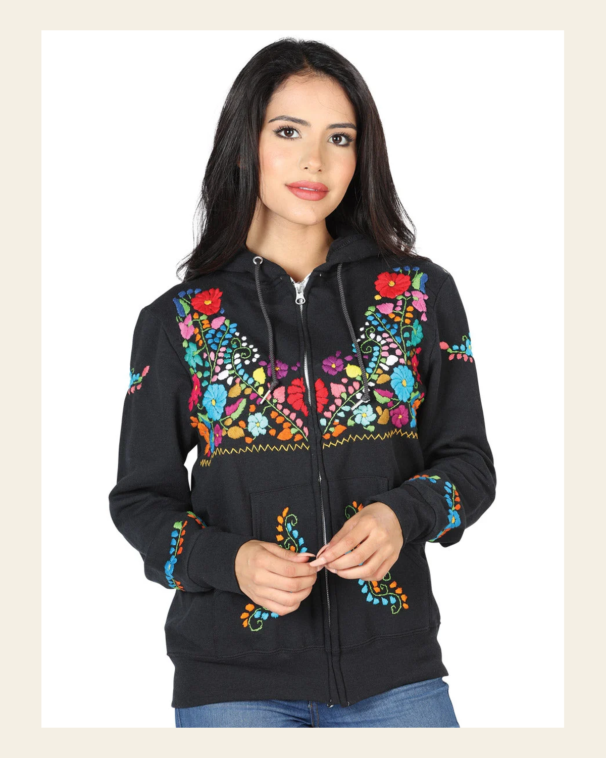 Artisanal Embroidered Sweatshirt 50% Cotton, 50% Polyester Black 603511 on a warm cream background