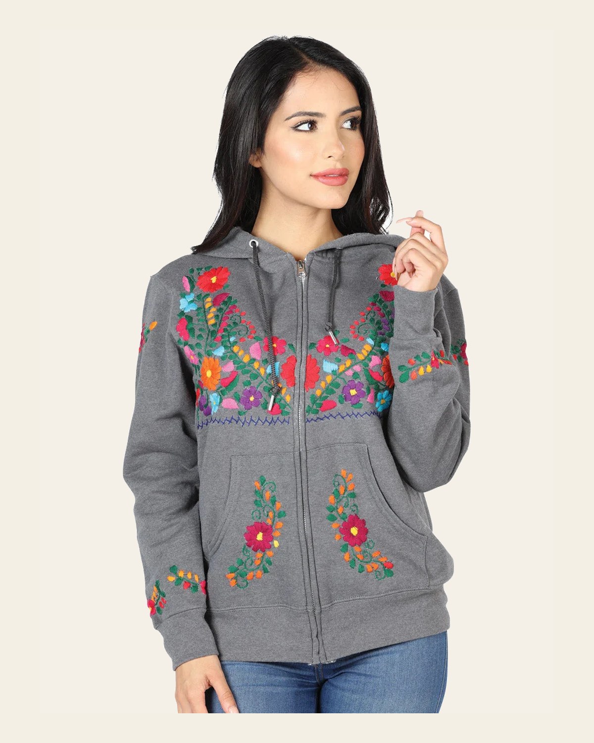 Artisanal Embroidered Sweatshirt 50% Cotton, 50% Polyester Gray 603514 on a warm cream background