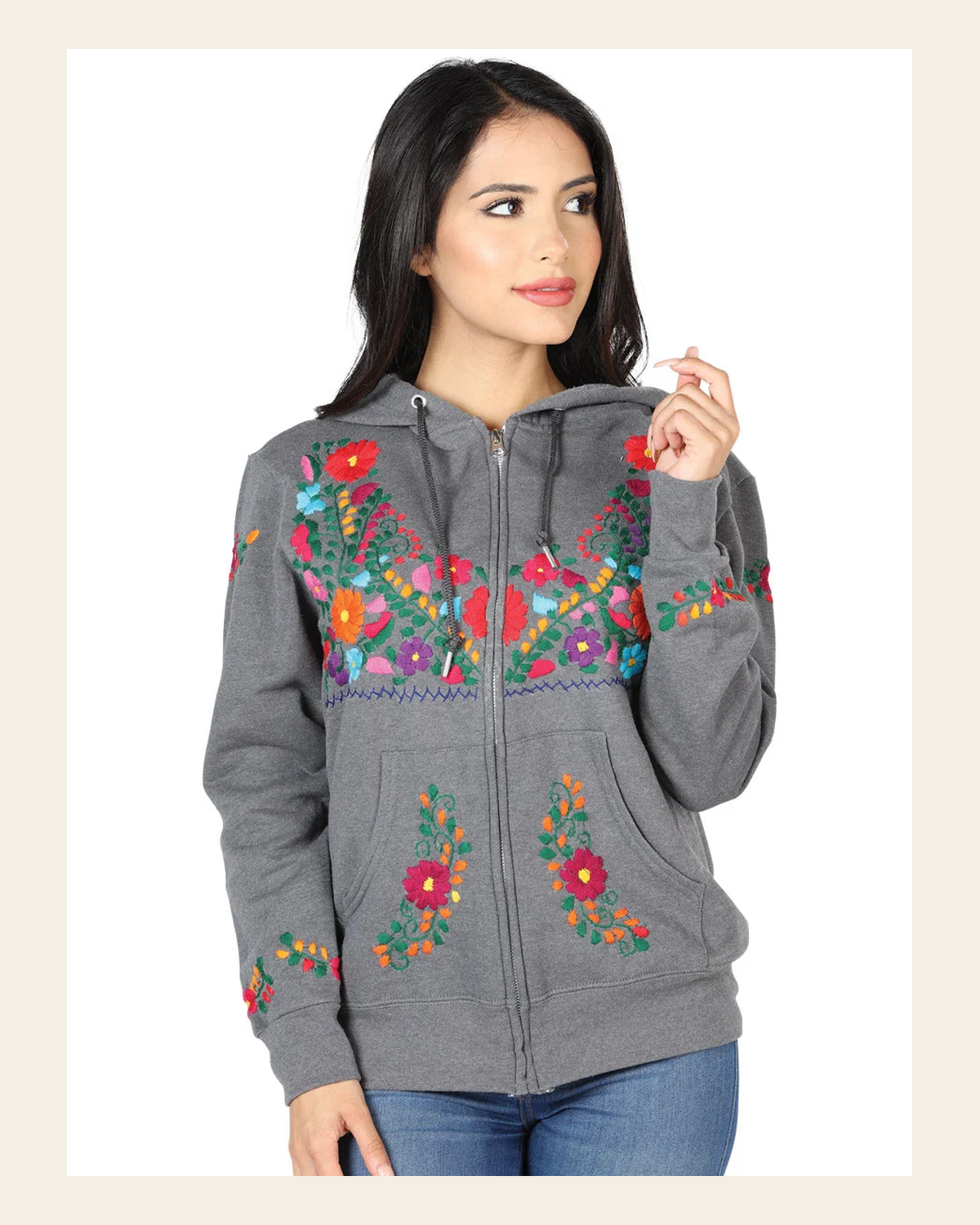 Artisanal Embroidered Sweatshirt 50% Cotton, 50% Polyester Gray 603514 on a warm cream background