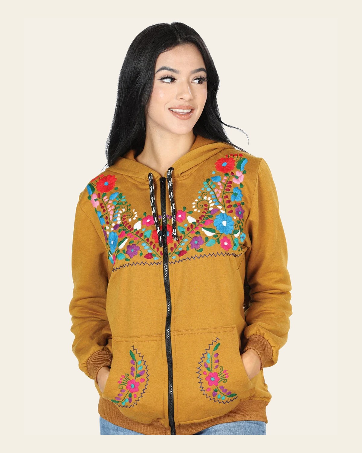 Artisanal Embroidered Sweatshirt 50% Cotton, 50% Polyester Mustard 603513 on a warm cream background