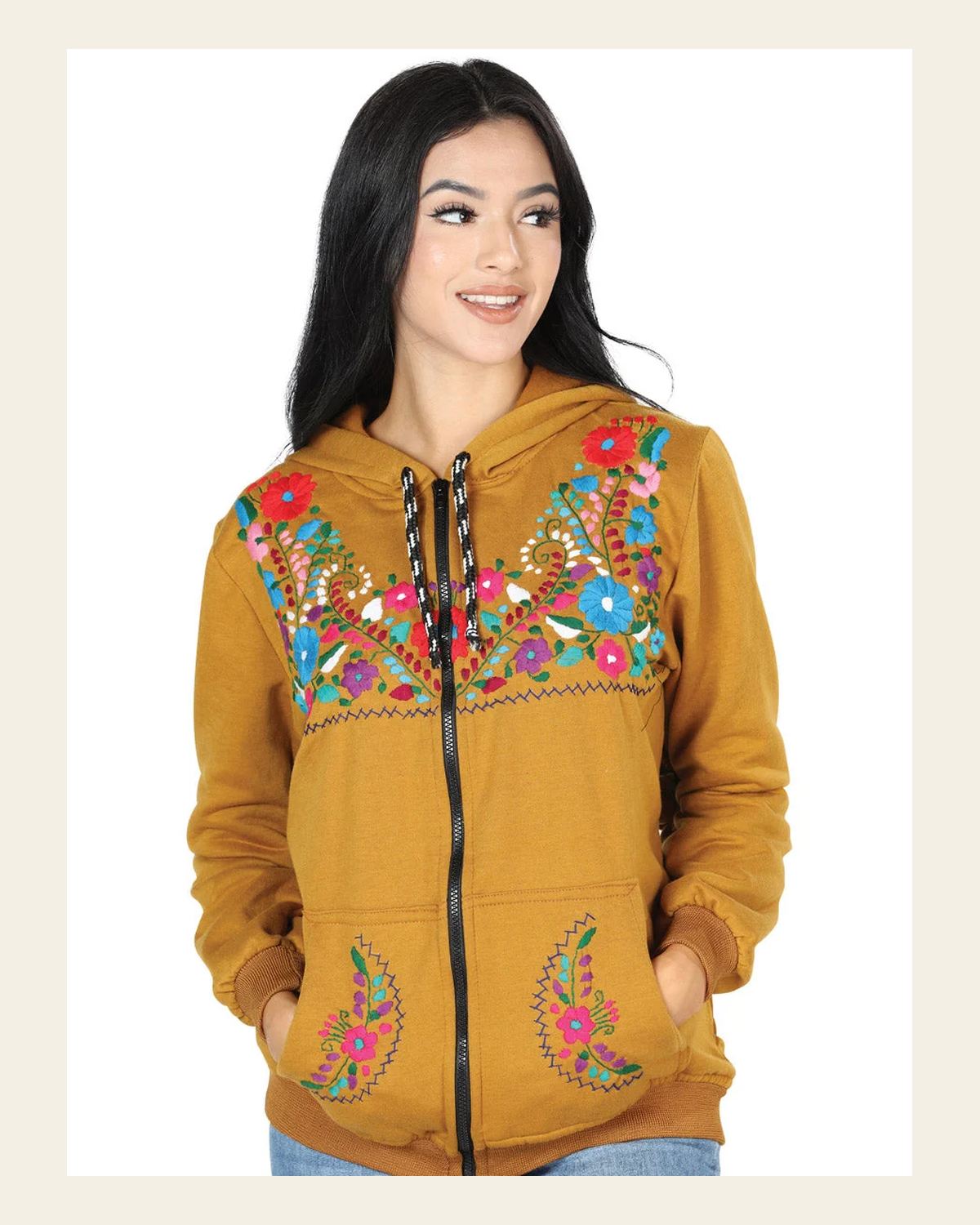 Artisanal Embroidered Sweatshirt 50% Cotton, 50% Polyester Mustard 603513 on a warm cream background