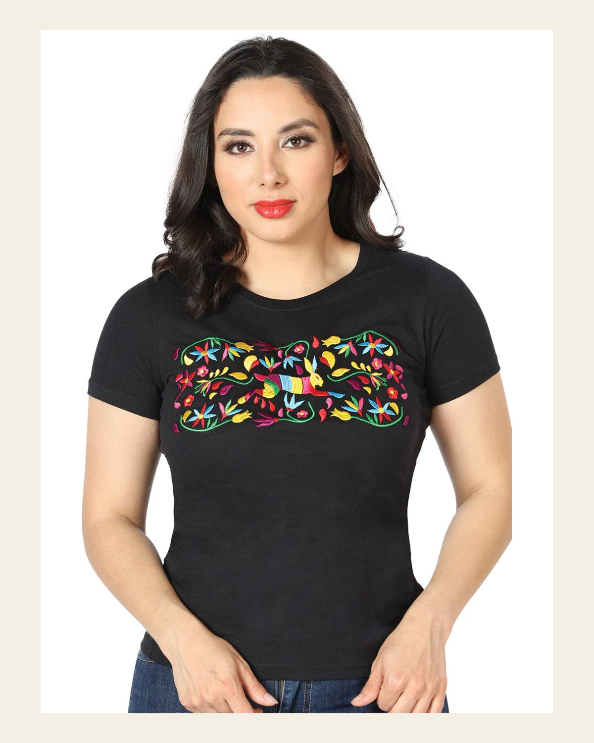 Artisanal Embroidered T Shirt Black 602761 on a warm cream background