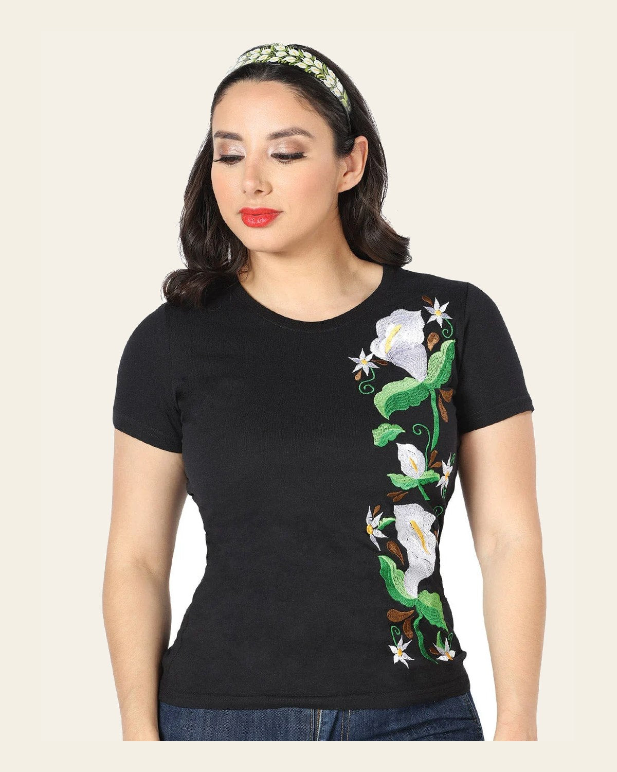Artisanal Embroidered T Shirt Black 602766 on a warm cream background