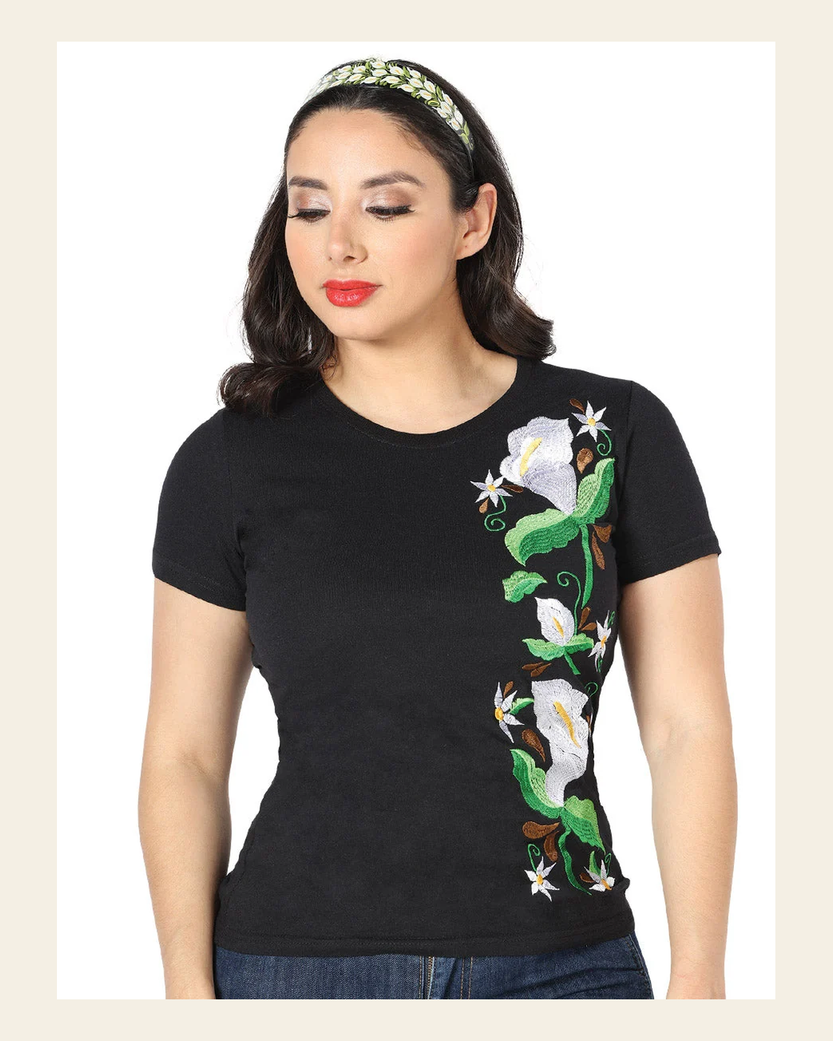 Artisanal Embroidered T Shirt Black 602766 on a warm cream background