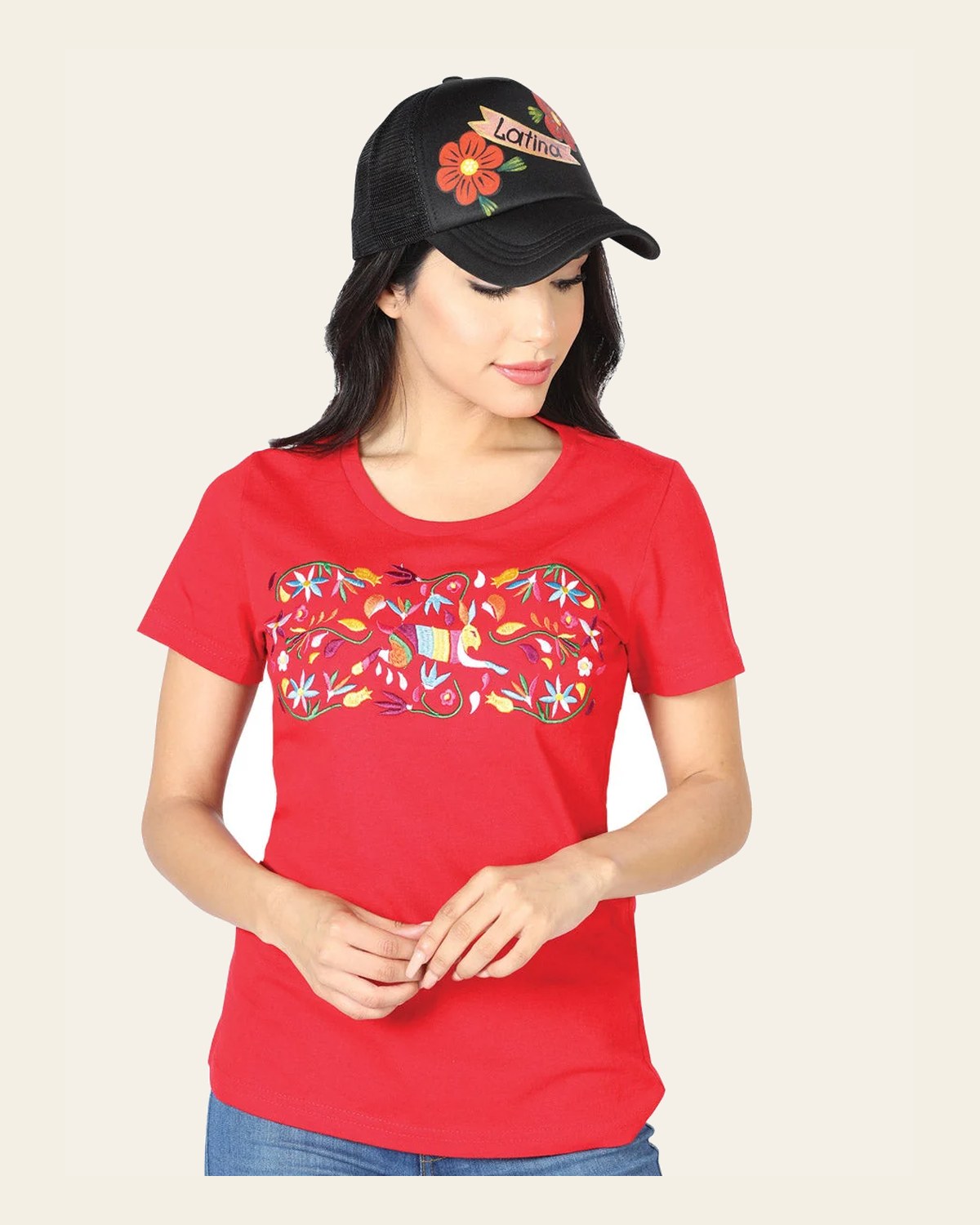 Artisanal Embroidered T Shirt Red 602762 on a warm cream background