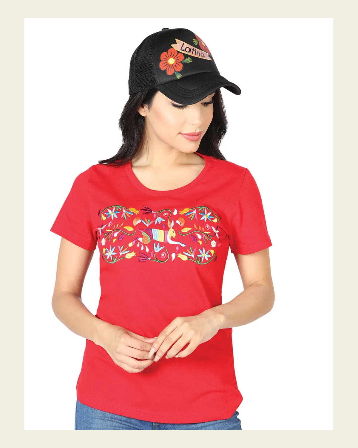 Artisanal Embroidered T Shirt Red 602762 on a warm cream background