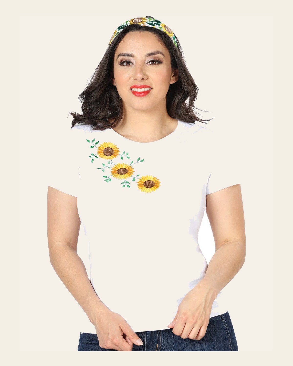 Artisanal Embroidered T Shirt White 602745 on a warm cream background