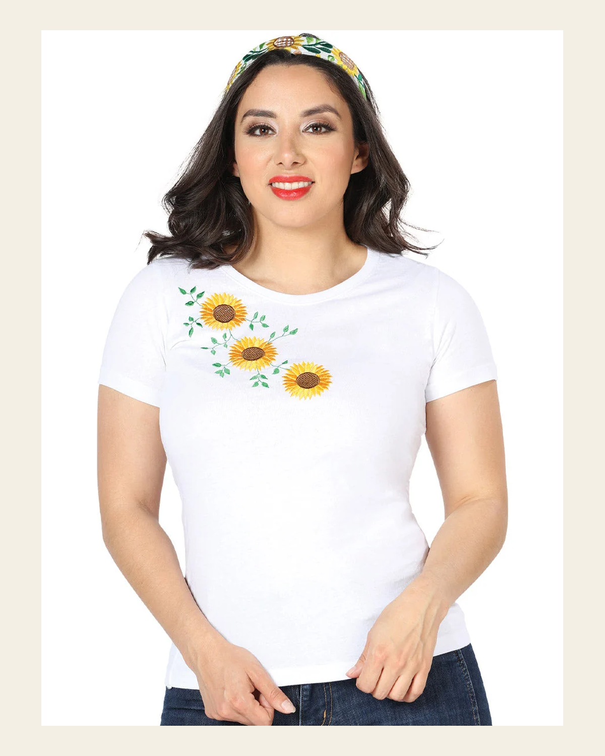 Artisanal Embroidered T Shirt White 602745 on a warm cream background