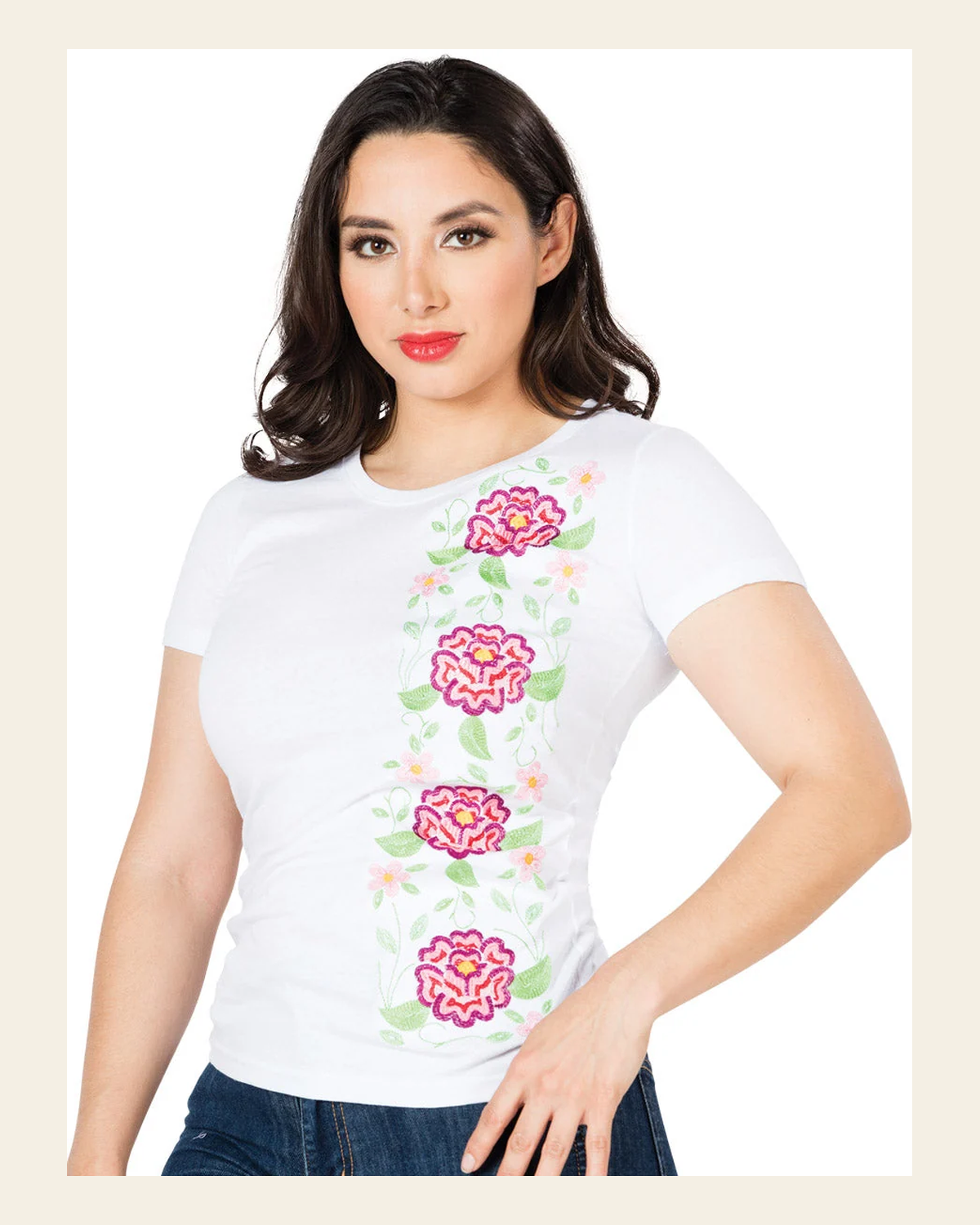 Artisanal Embroidered T Shirt White 602748 on a warm cream background