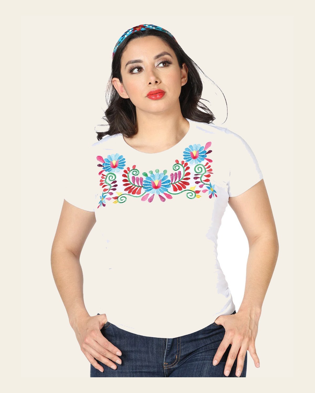 Artisanal Embroidered T Shirt White 602757 on a warm cream background