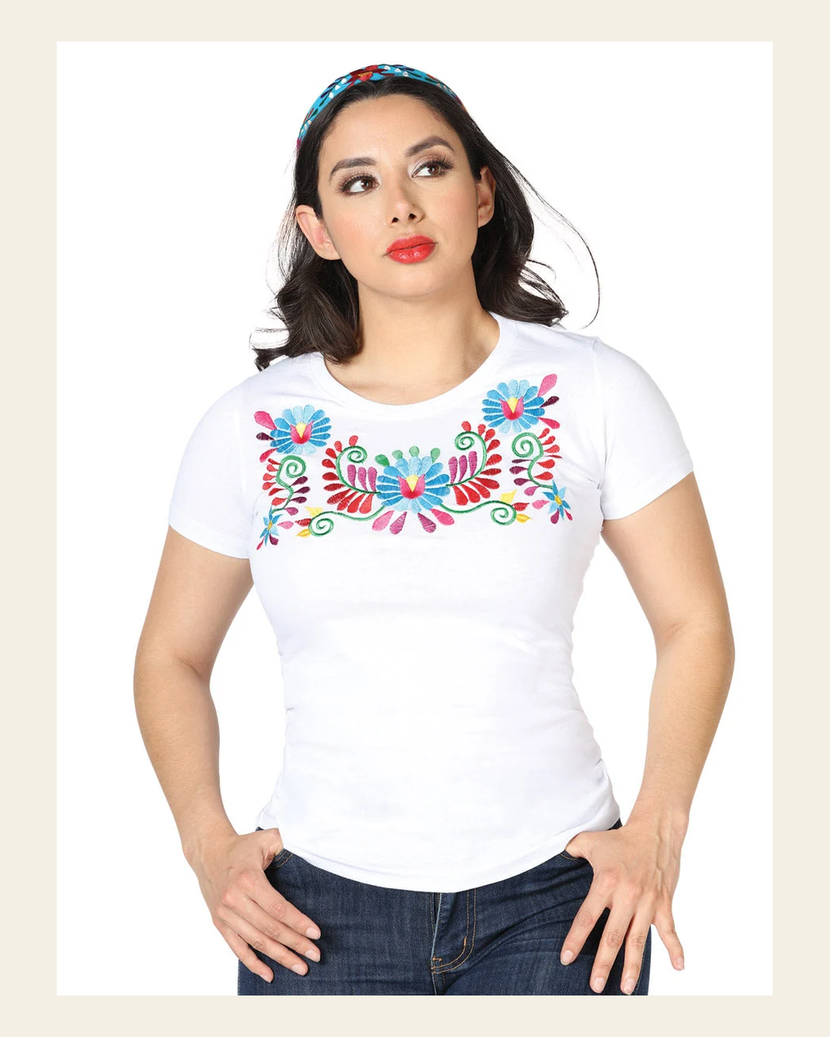 Artisanal Embroidered T Shirt White 602757 on a warm cream background