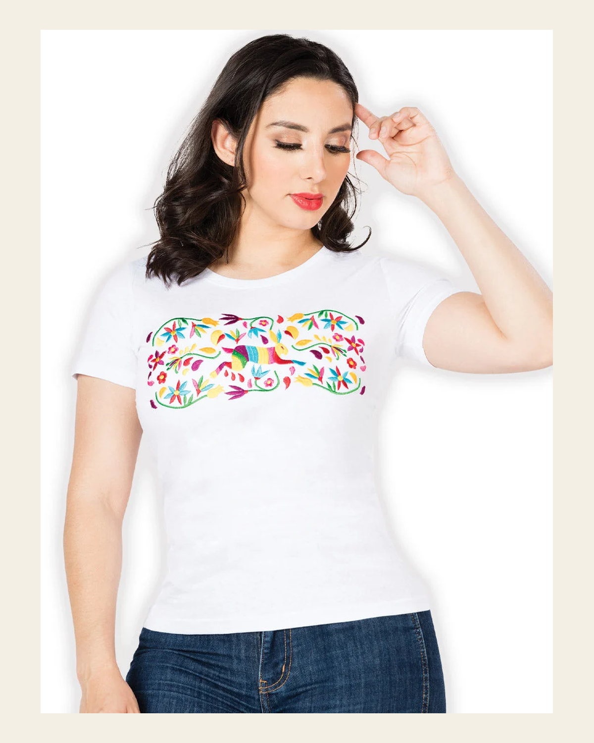 Artisanal Embroidered T Shirt White 602760 on a warm cream background