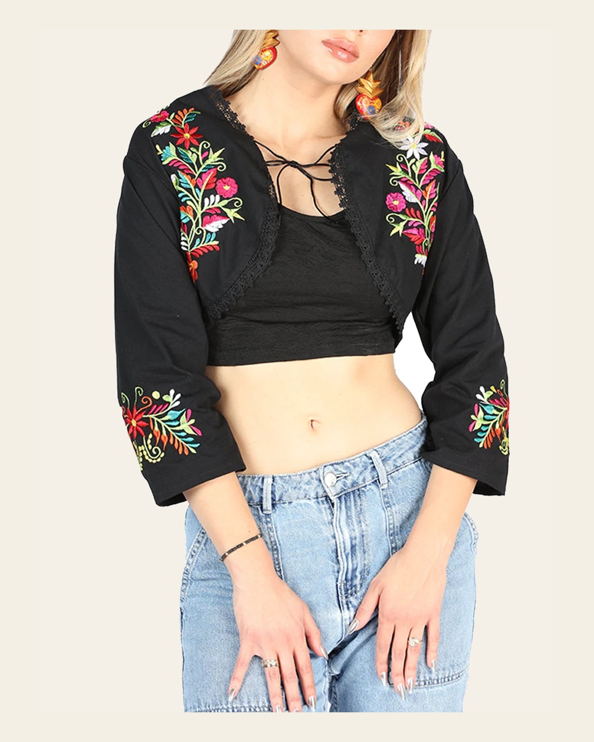 Artisanal Embroidered Torera 100% Cotton Black 604052 on a warm cream background