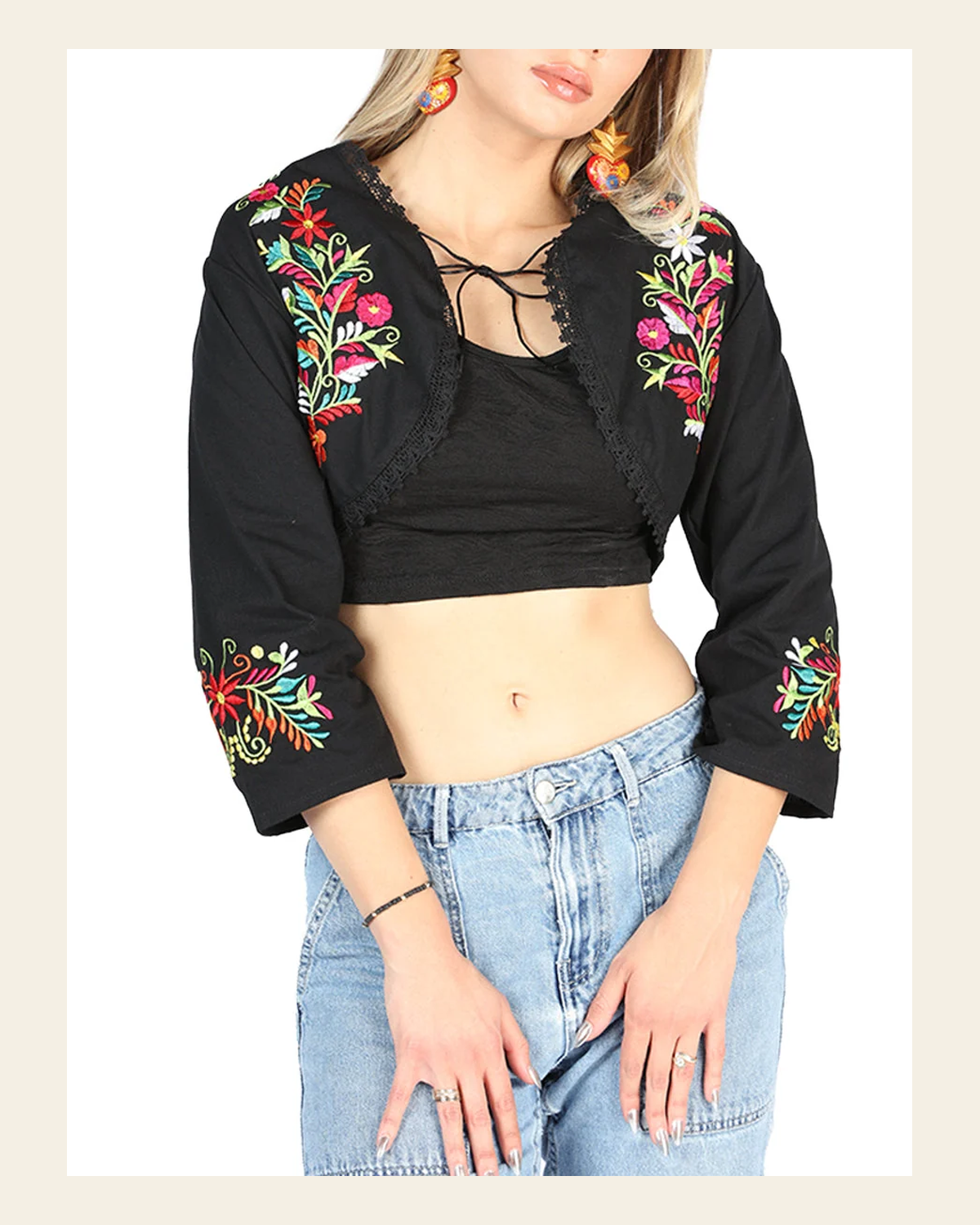 Artisanal Embroidered Torera 100% Cotton Black 604052 on a warm cream background