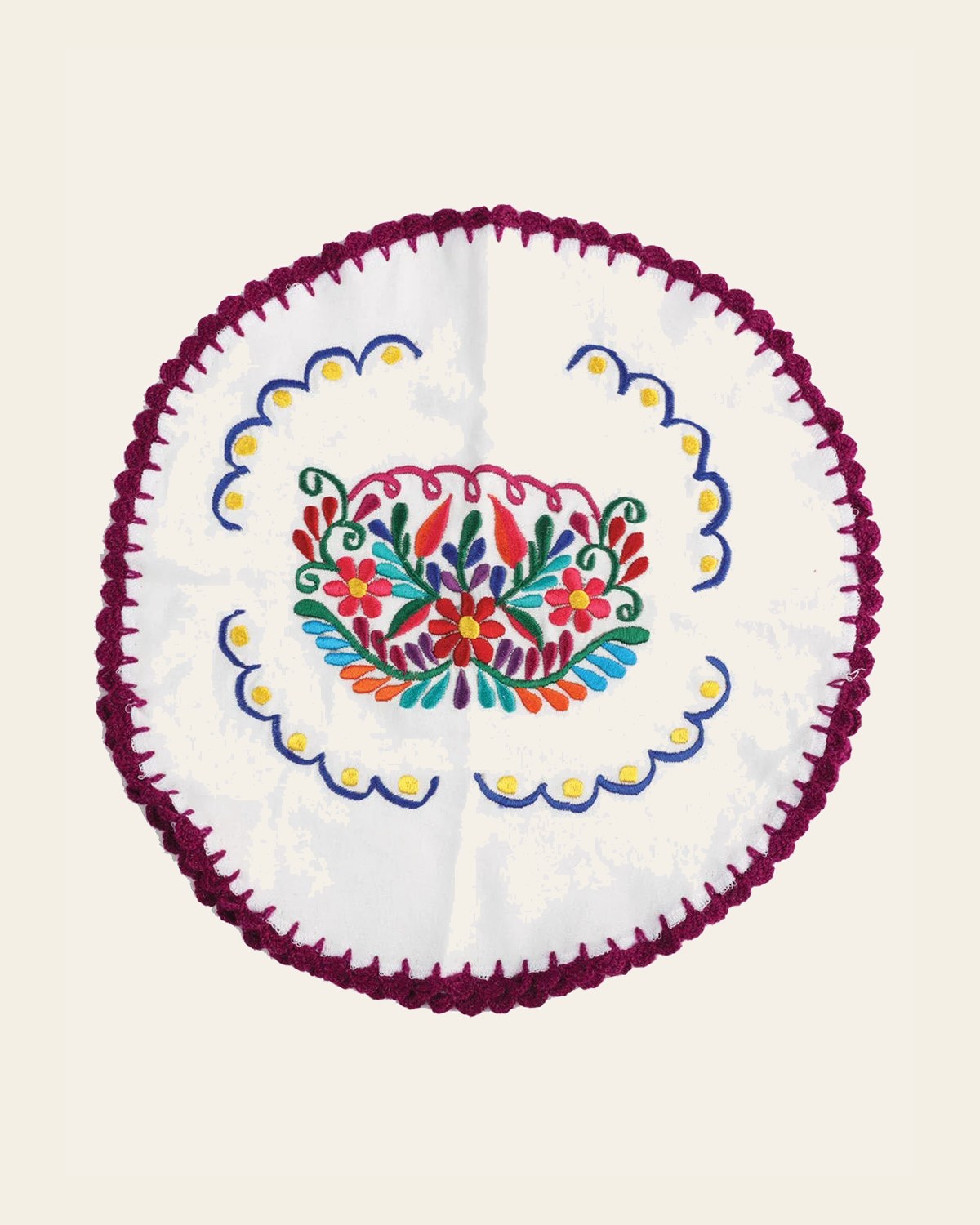 Artisanal Embroidered Tortilla Warmer 100% Cotton 603149 on a warm cream background