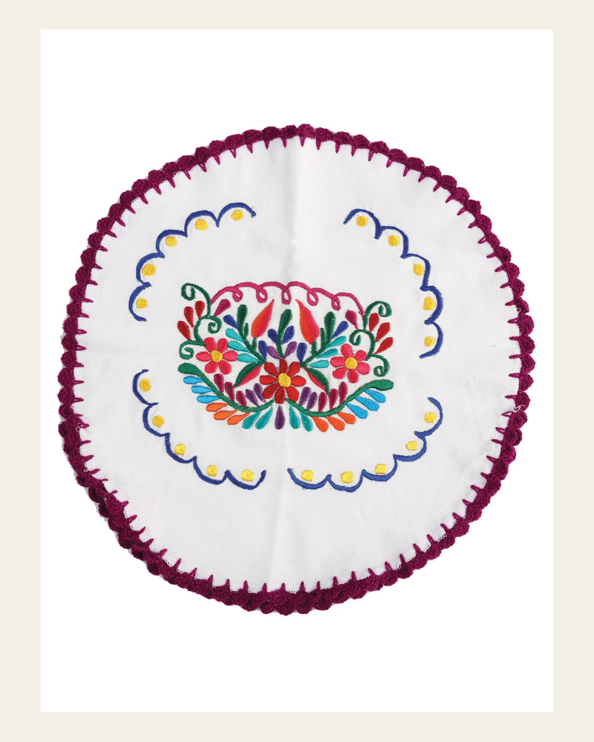 Artisanal Embroidered Tortilla Warmer 100% Cotton 603149 on a warm cream background