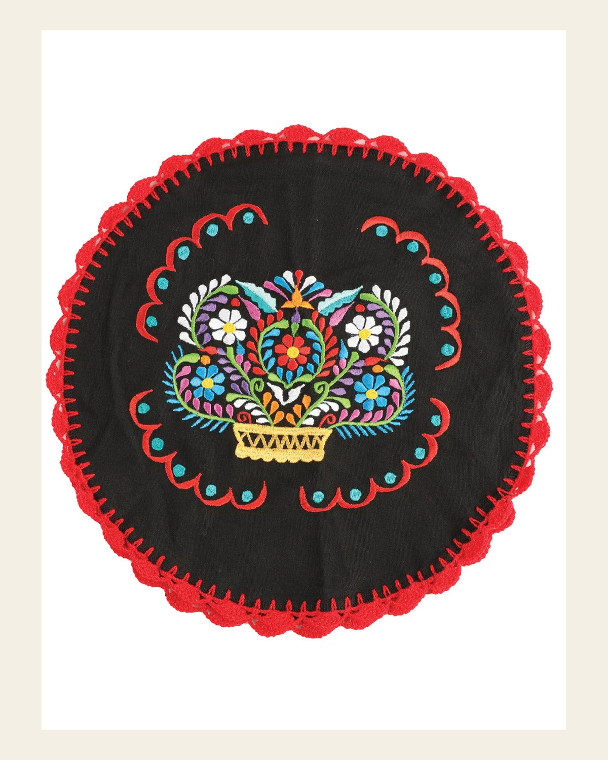 Artisanal Embroidered Tortilla Warmer 100% Cotton 603148 on a warm cream background