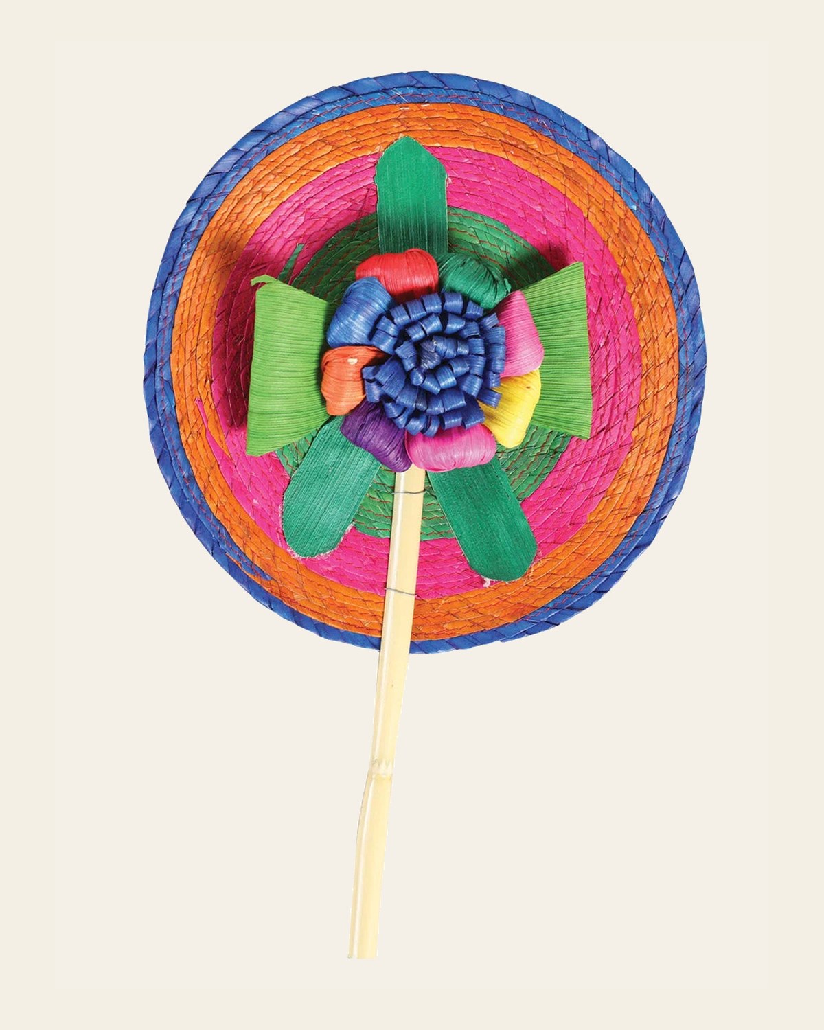 Artisanal Hand Fan 100% Palm Leaf and Bamboo Multicolor 602132 on a warm cream background