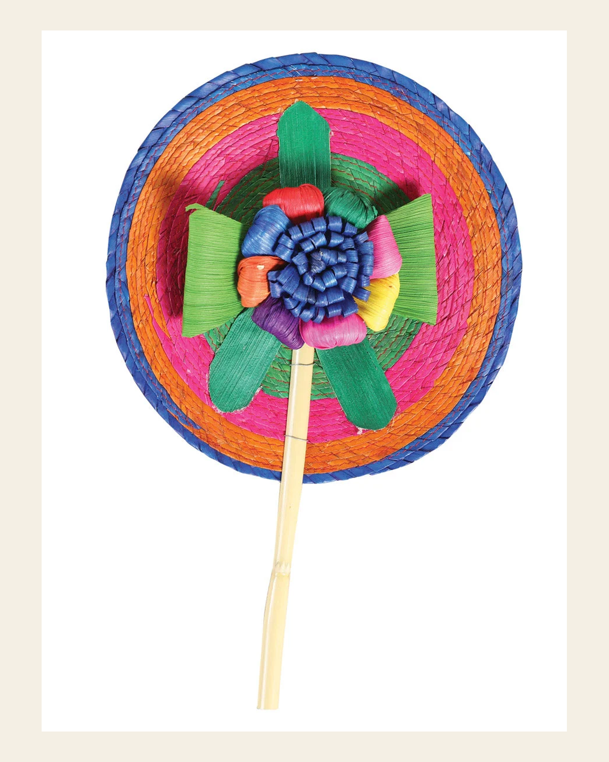 Artisanal Hand Fan 100% Palm Leaf and Bamboo Multicolor 602132 on a warm cream background