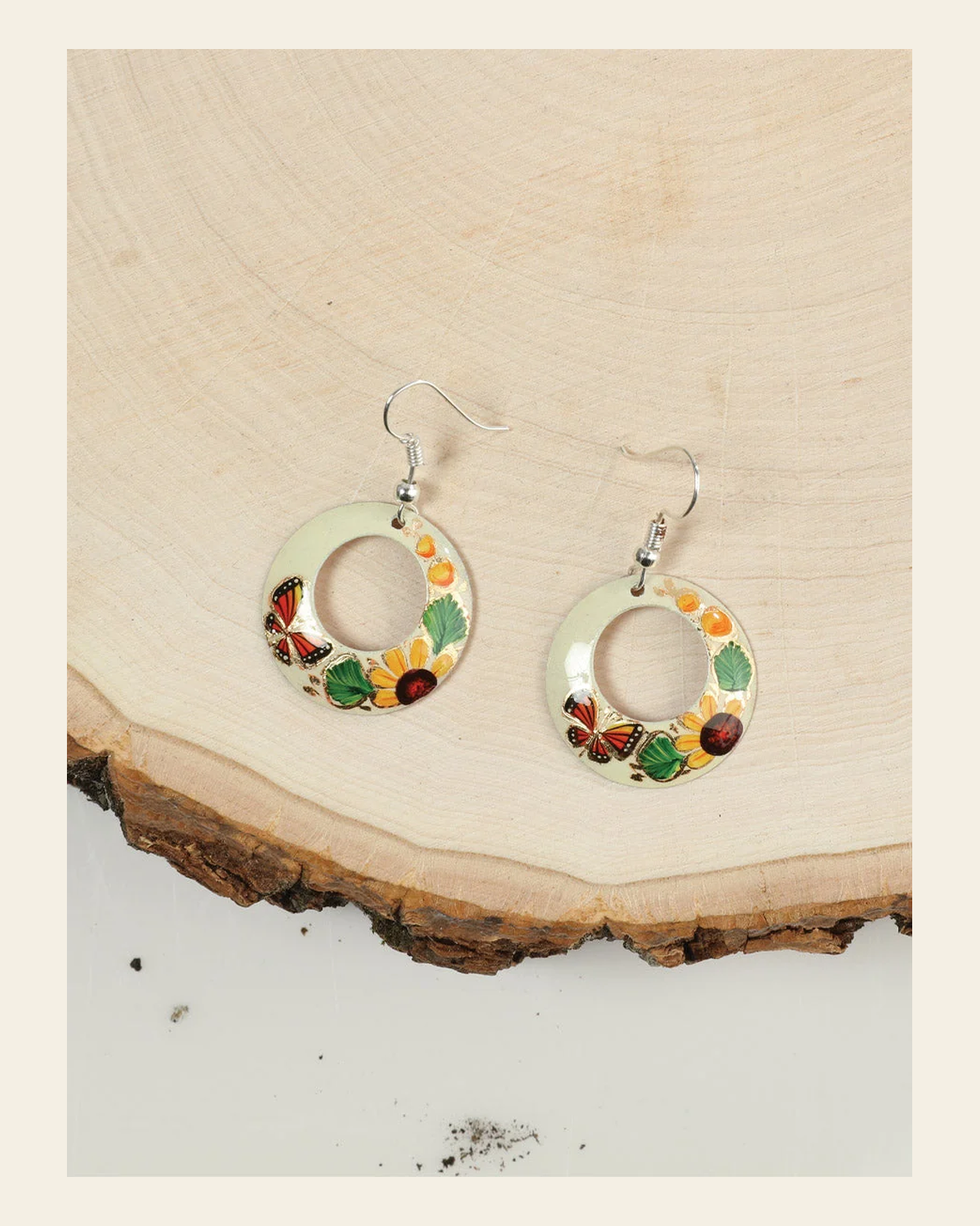 Artisanal Hand Painted Earrings 1" Copper Beige 603451 on a warm cream background
