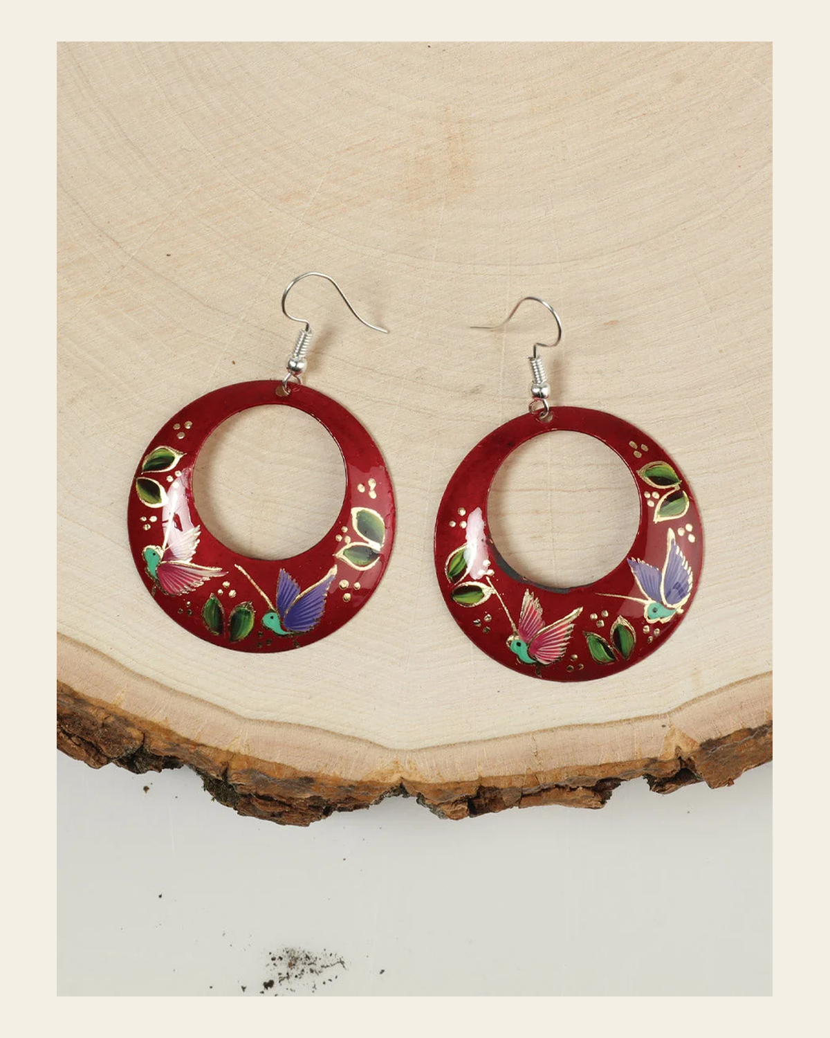 Artisanal Hand Painted Earrings 1.5" Copper Red 603446 on a warm cream background