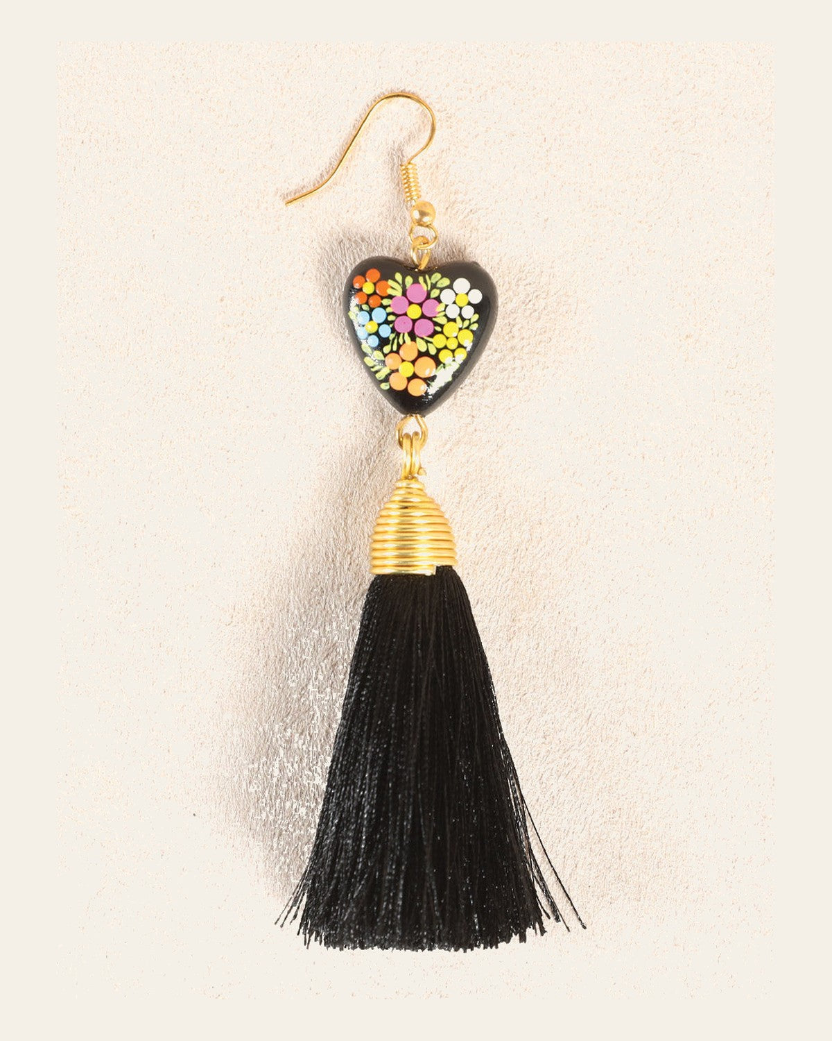 Artisanal Hand Painted Earrings Black 602165 on a warm cream background