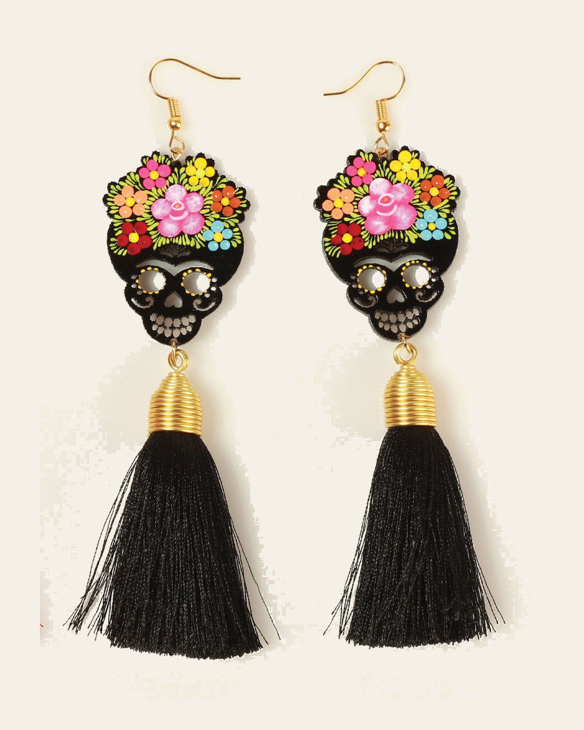 Artisanal Hand Painted Earrings Wood-Silk Thread Black 602939 on a warm cream background