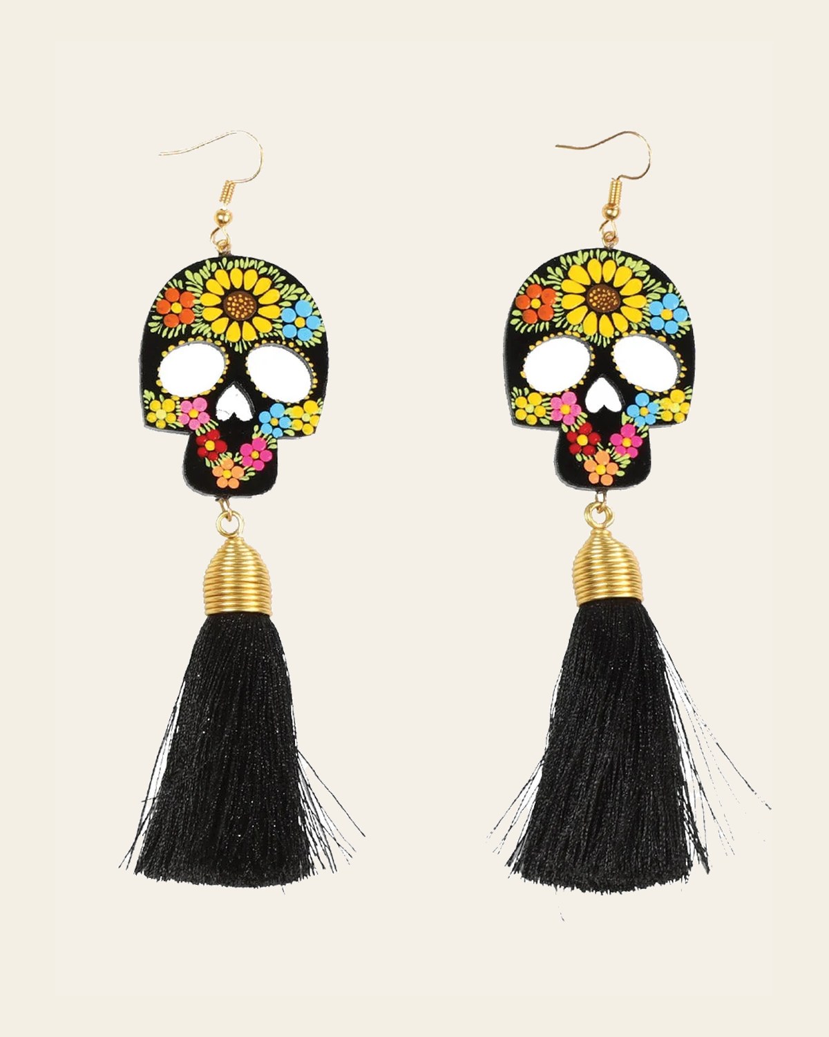 Artisanal Hand Painted Earrings Wood-Silk Thread Black 602947 on a warm cream background