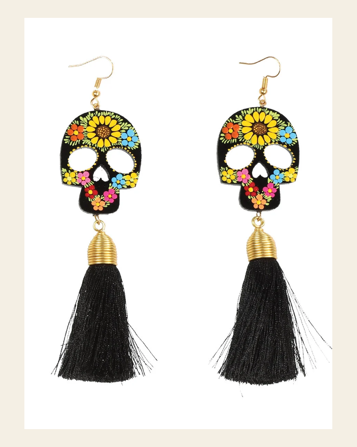 Artisanal Hand Painted Earrings Wood-Silk Thread Black 602947 on a warm cream background