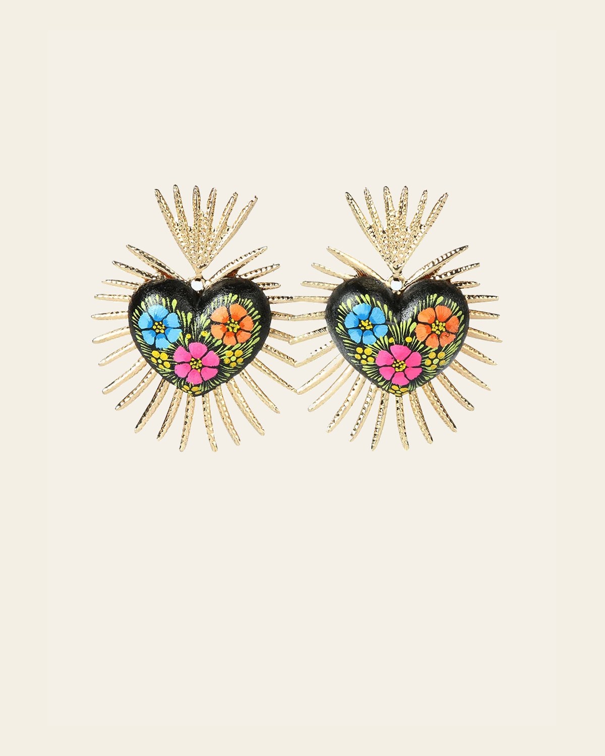 Artisanal Hand Painted Earrings Black 603972 on a warm cream background