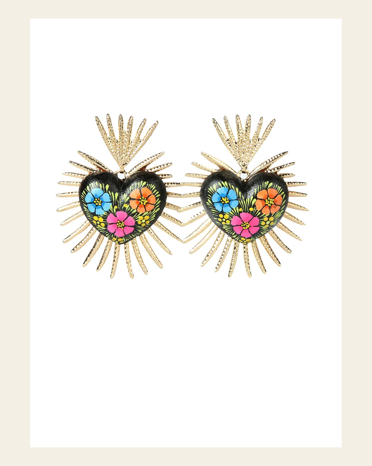 Artisanal Hand Painted Earrings Black 603972 on a warm cream background