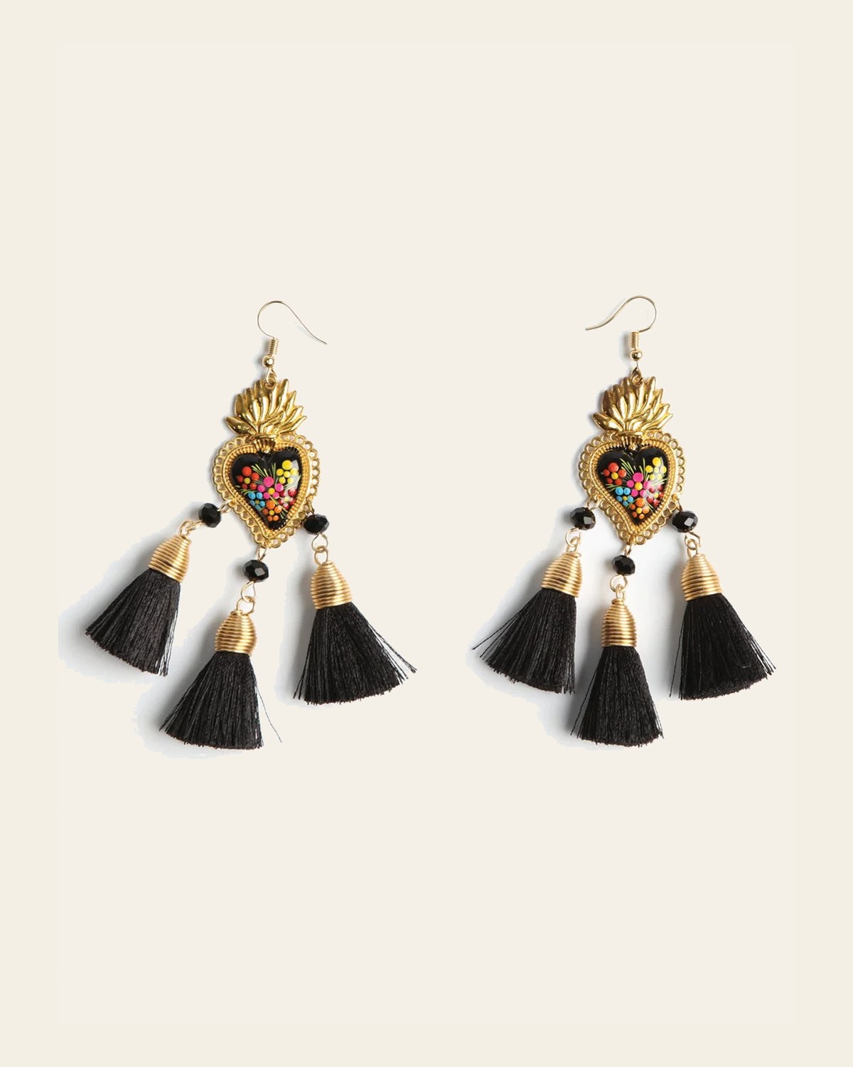 Artisanal Hand Painted Earrings Black 603974 on a warm cream background