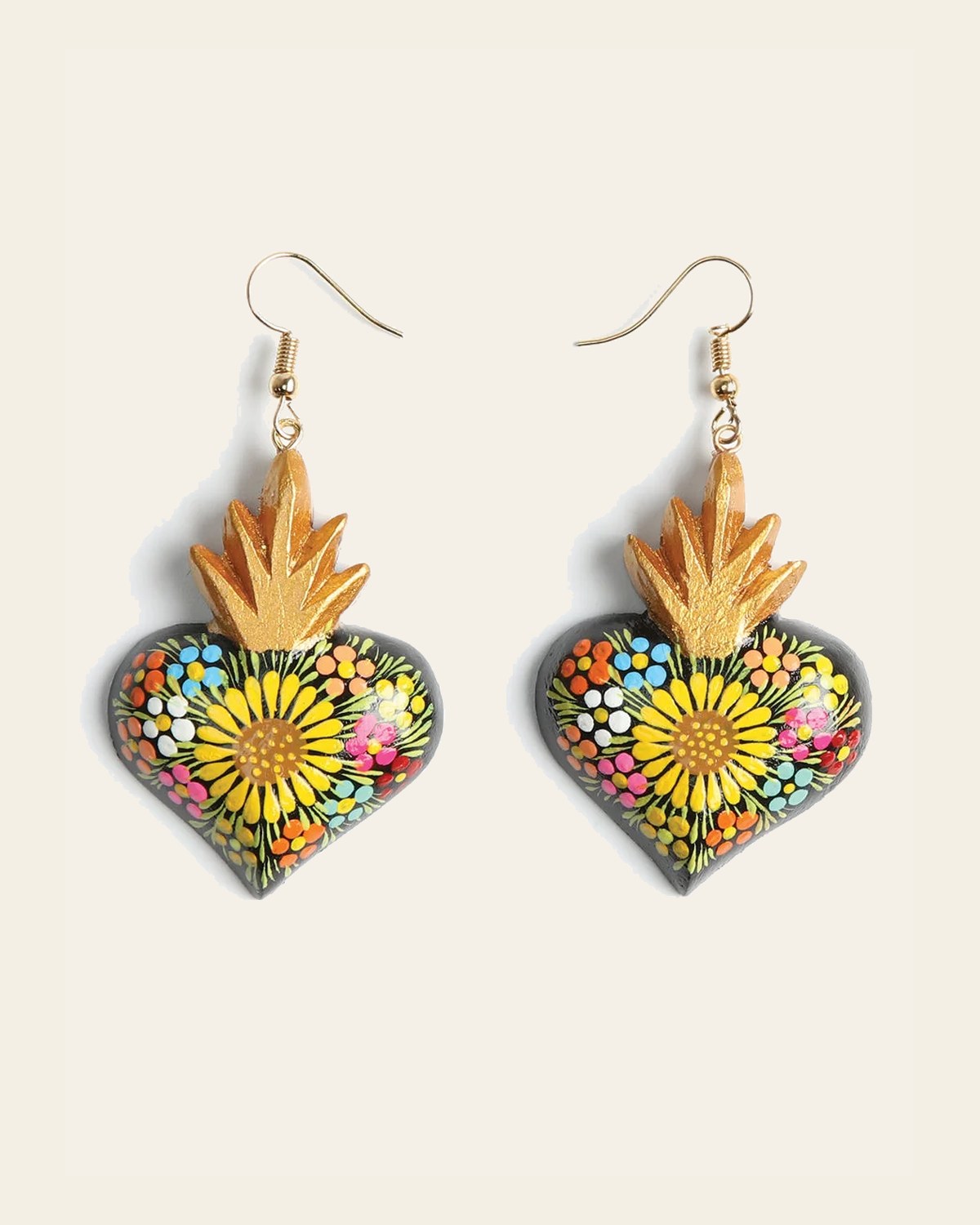 Artisanal Hand Painted Earrings Black 603976 on a warm cream background