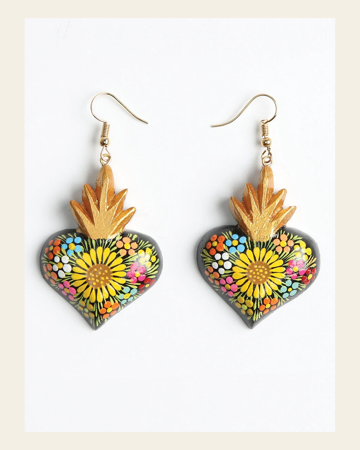 Artisanal Hand Painted Earrings Black 603976 on a warm cream background
