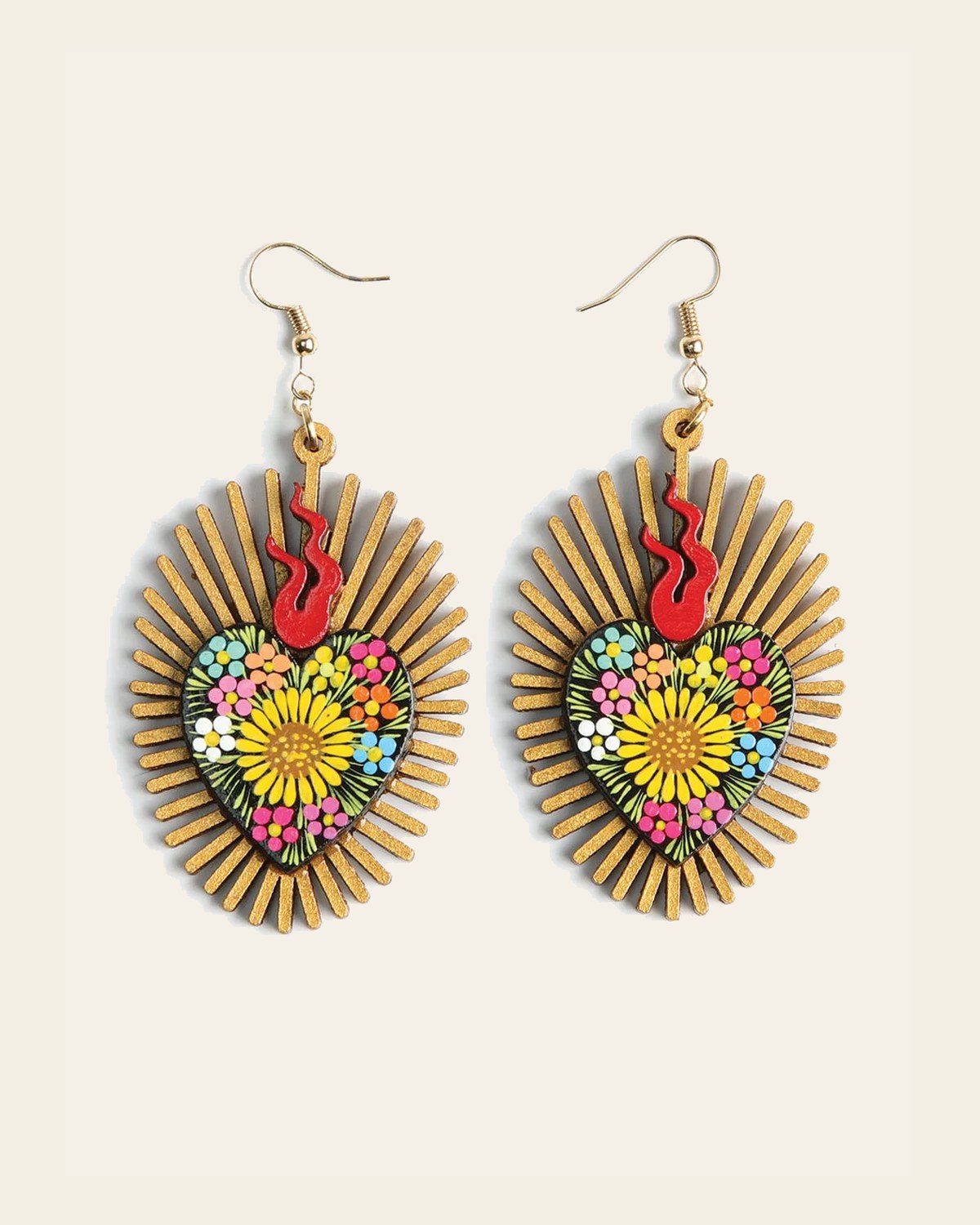 Artisanal Hand Painted Earrings Black 603978 on a warm cream background