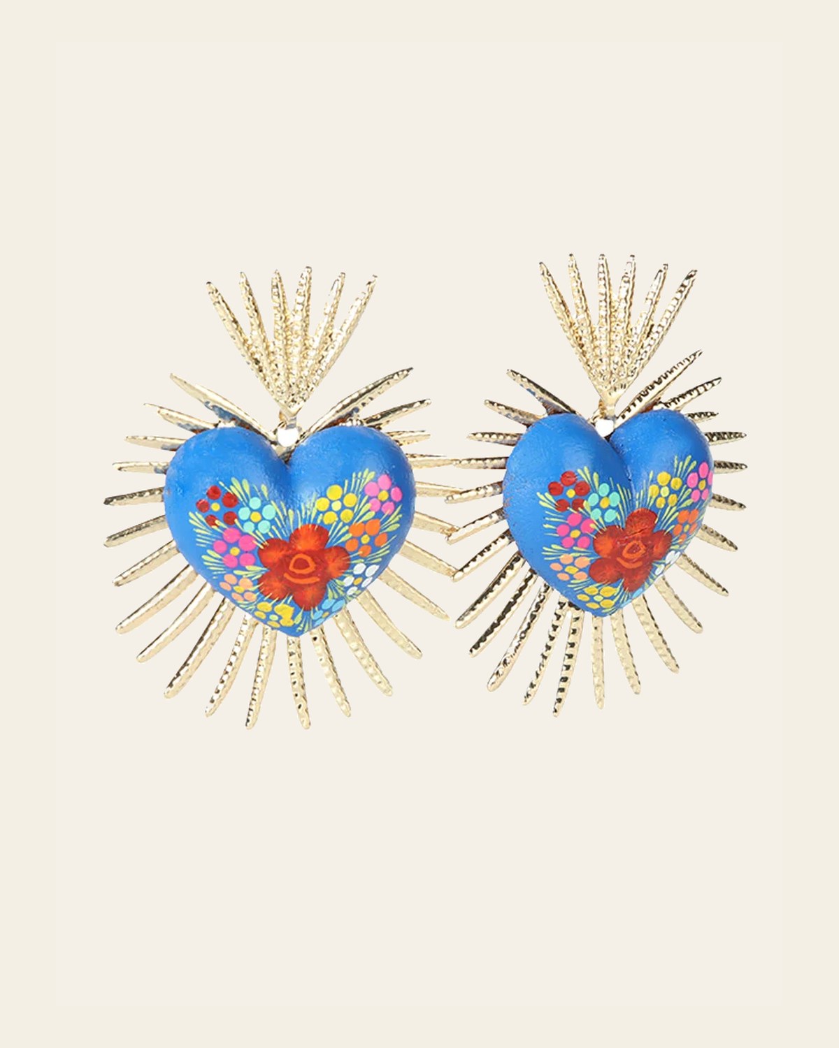 Artisanal Hand Painted Earrings Blue 603971 on a warm cream background